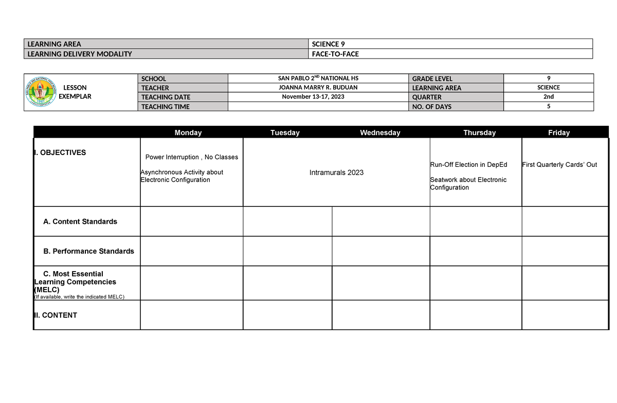 Week 2 - none - LEARNING AREA SCIENCE 9 LEARNING DELIVERY MODALITY FACE ...