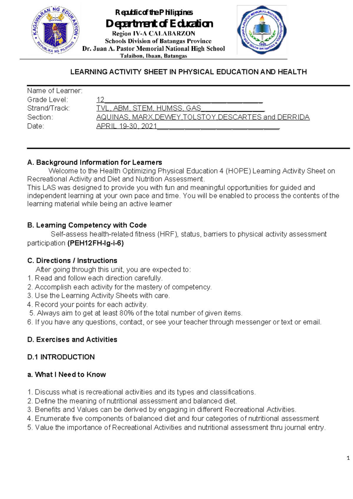 Q3 LAS HOPE4- WEEK1 and 2 (set b) - LEARNING ACTIVITY SHEET IN PHYSICAL ...