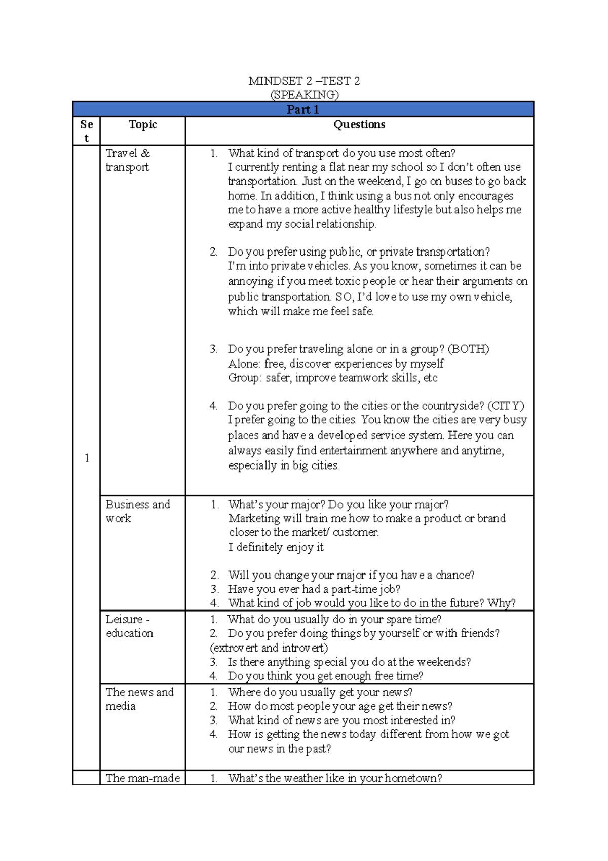 Speaking Mindset 2 - MINDSET 2 –TEST 2 (SPEAKING) Part 1 Se t Topic ...