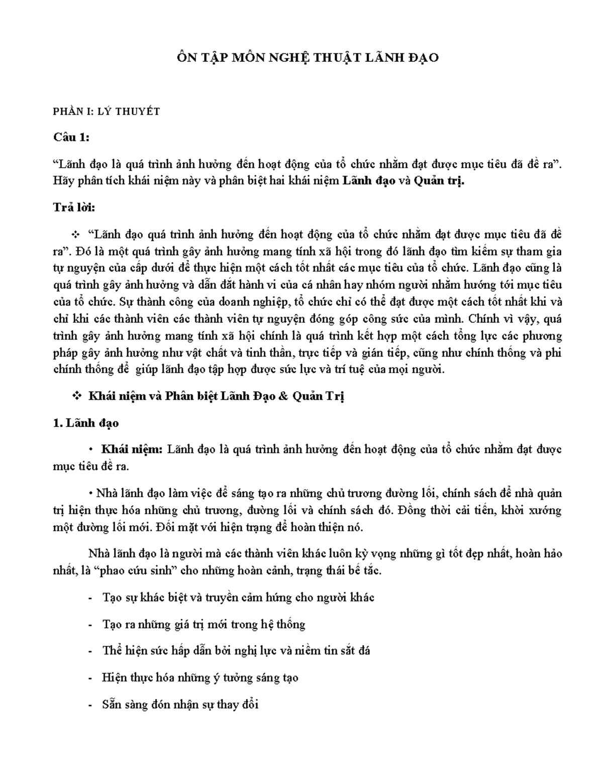 on tập lãnh đạo nghệ thuật - ÔN TẬP MÔN NGHỆ THUẬT LÃNH ĐẠO PHẦN I: LÝ THUYẾT Câu 1: “Lãnh đạo là - Studocu