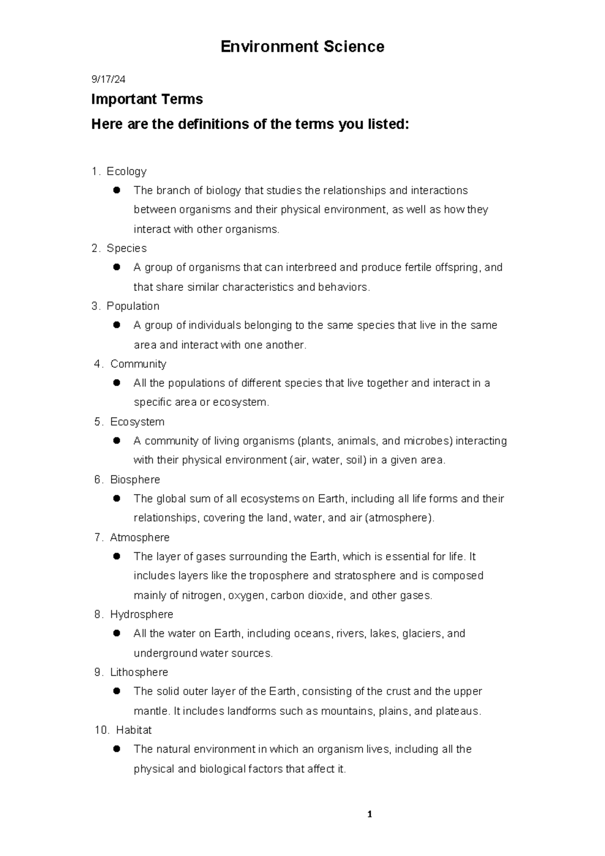 Environmental Science Notes - 9/17/ Important Terms Here are the ...