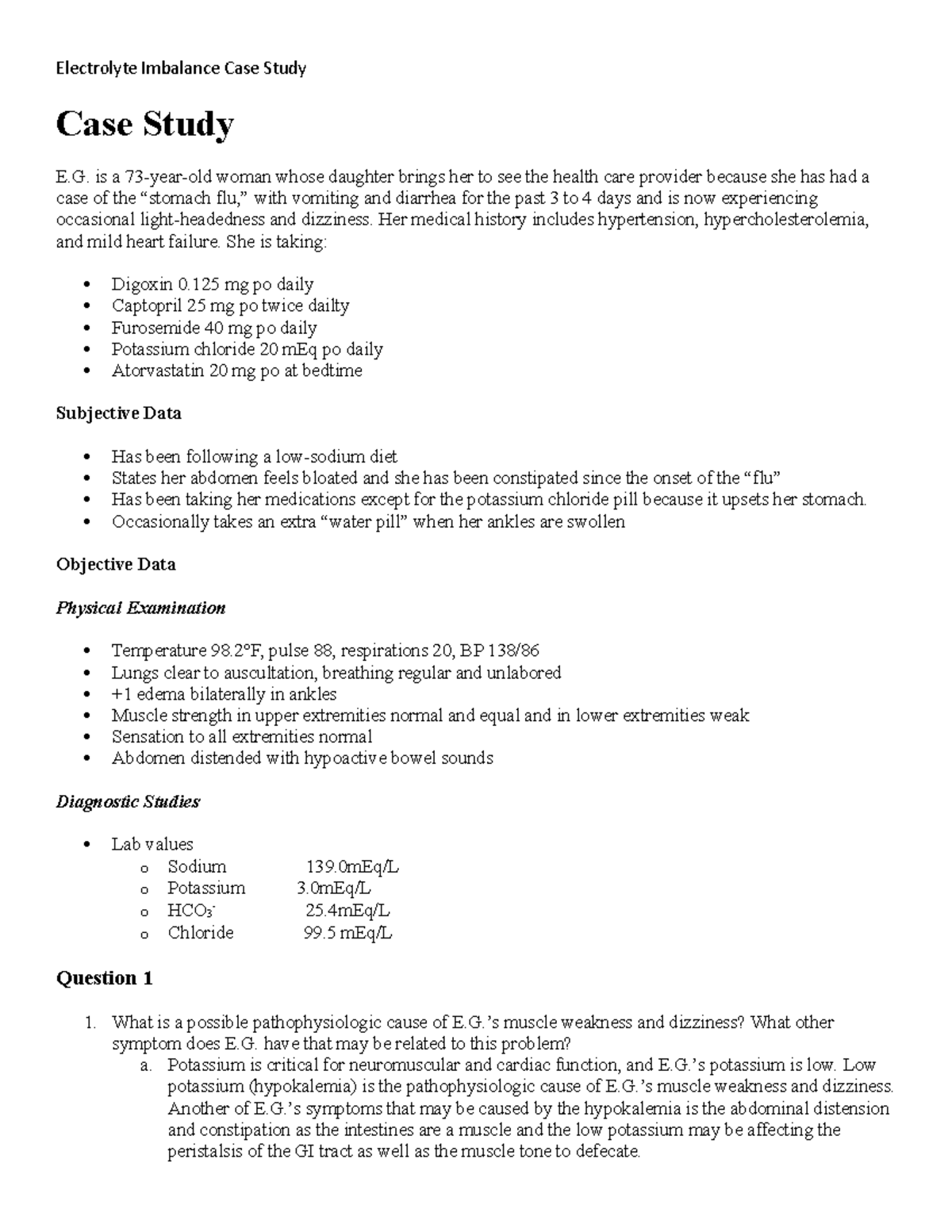 Electrolyte Imbalance Case Study - is a 73-year-old woman whose ...