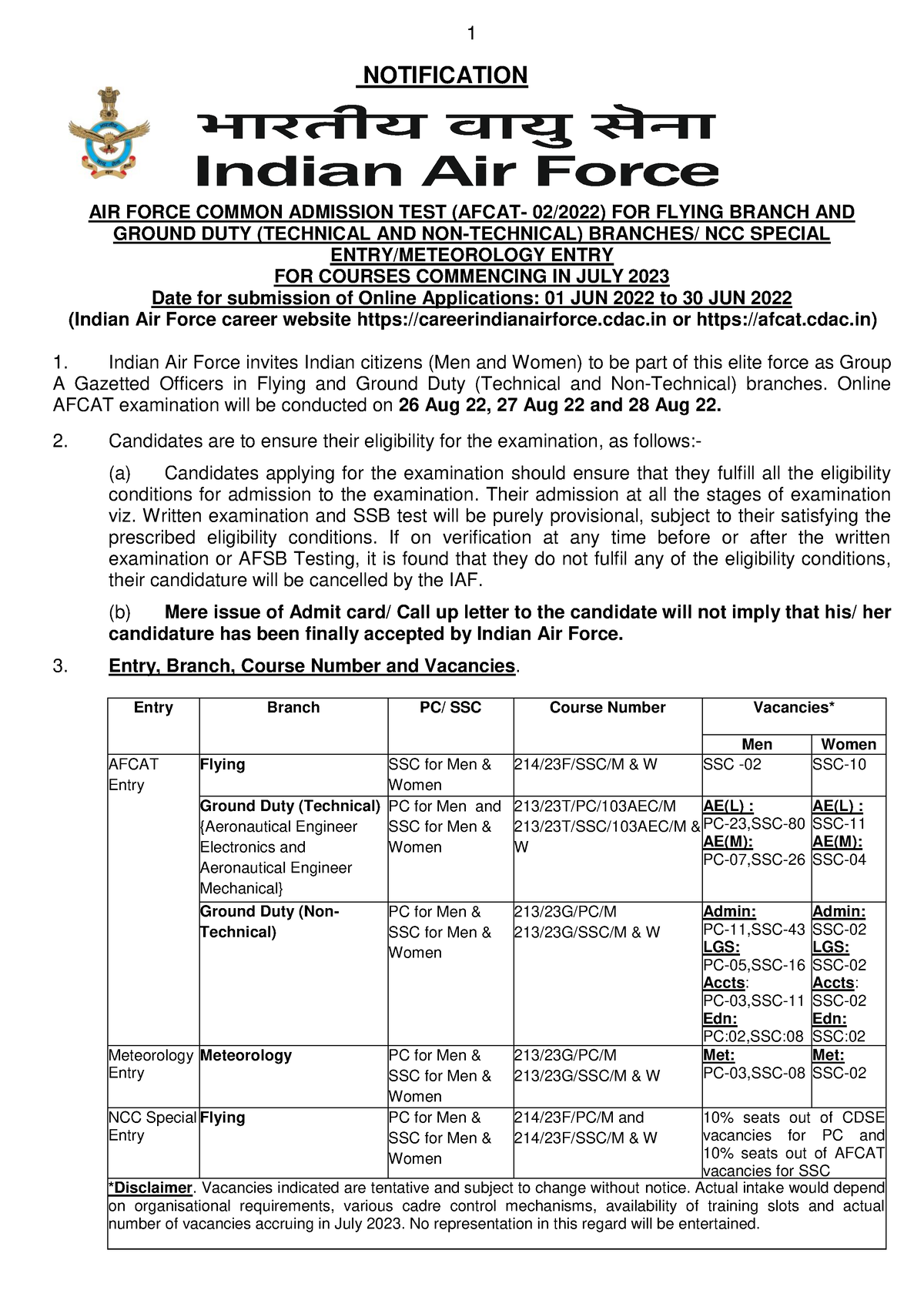 Vacancies At Indian Air Force AIR FORCE COMMON ADMISSION TEST AFCAT