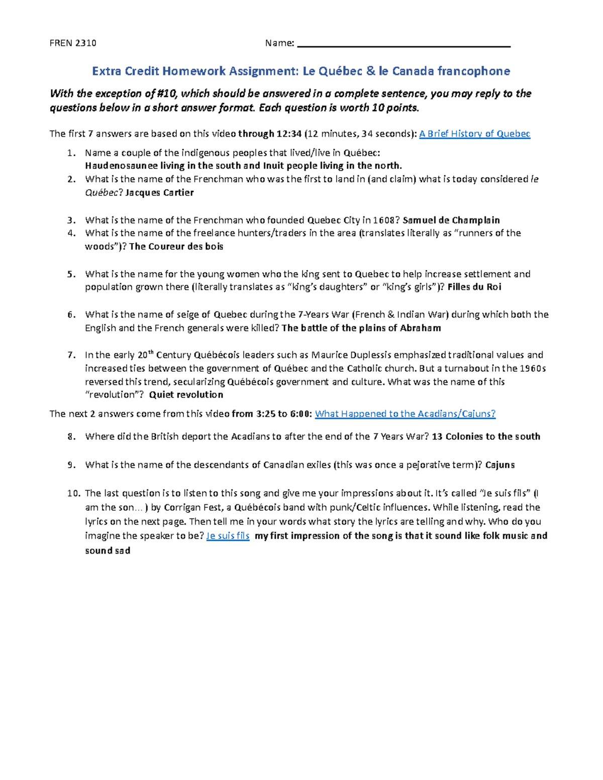 Extra+Credit+Homework+-+Quebec-1 - FREN 2310 Name: Extra Credit ...