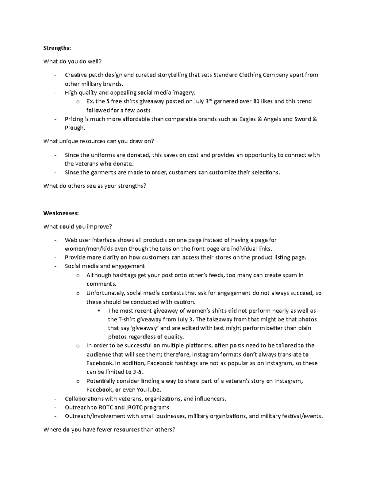 SWOT analysis standard clothing company - Strengths: What do you do ...