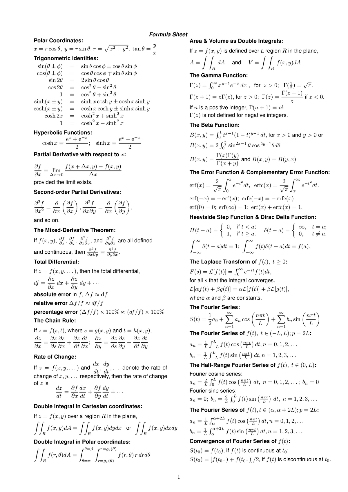 MATH283 MSE Formula - lecture notes - Formula Sheet Polar Coordinates ...