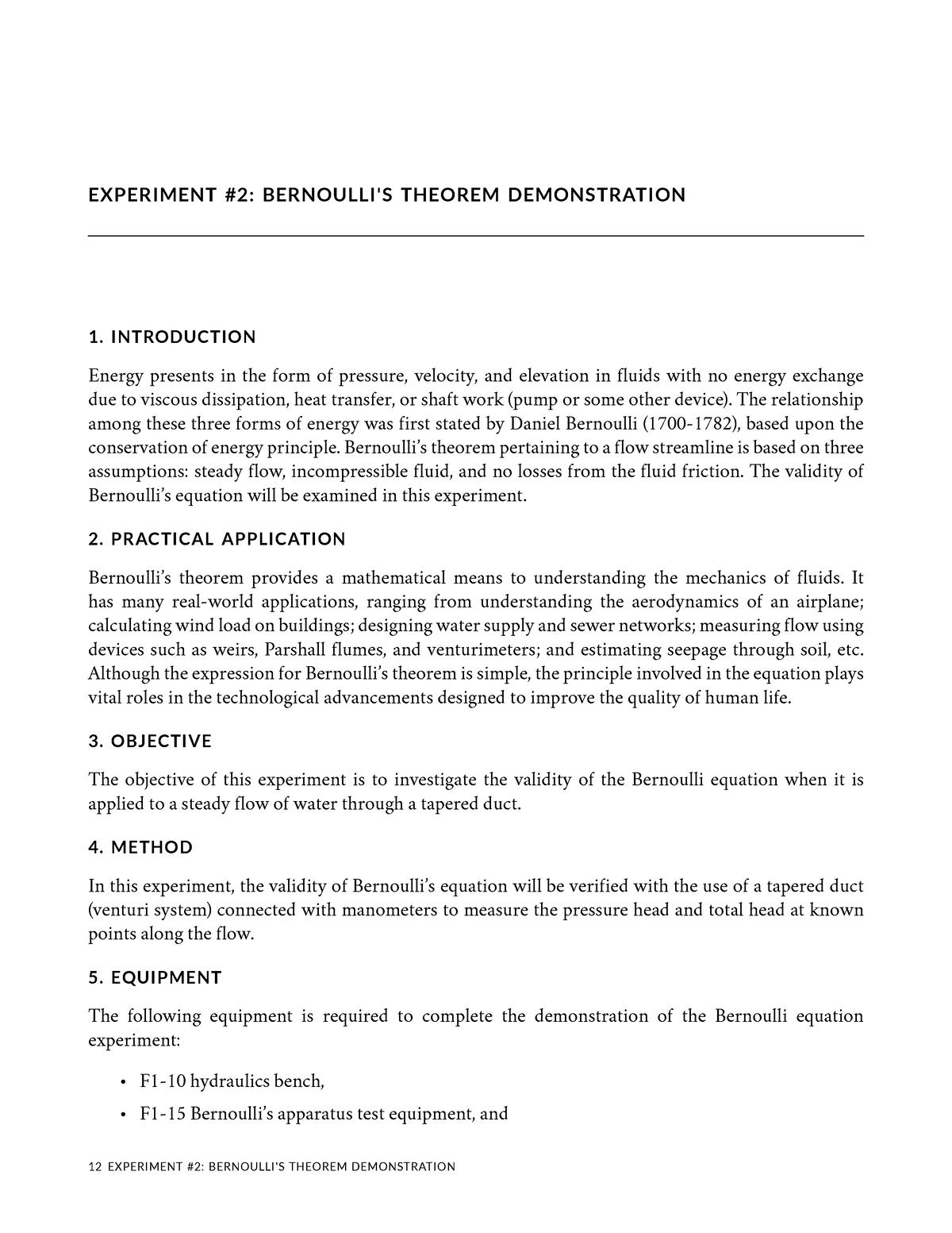 Applied Fluid Mechanics Lab Manual - EXPERIMENT #2: BERNOULLI'S THEOREM ...