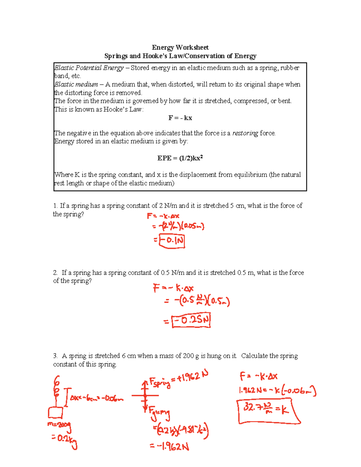 Elastic Potential Energy Worksheet answers - Energy Worksheet Springs ...
