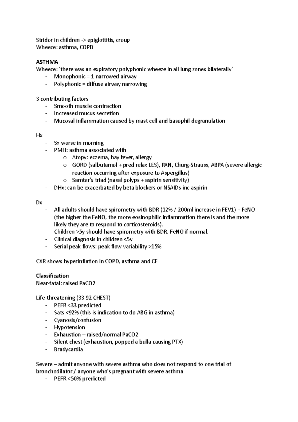 Finals Notes On Asthma And Copd - Stridor In Children -> Epiglottitis 