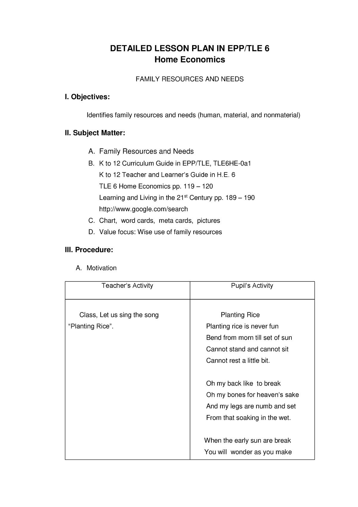 Toaz Ggggg DETAILED LESSON PLAN IN EPP TLE 6 Home Economics FAMILY 