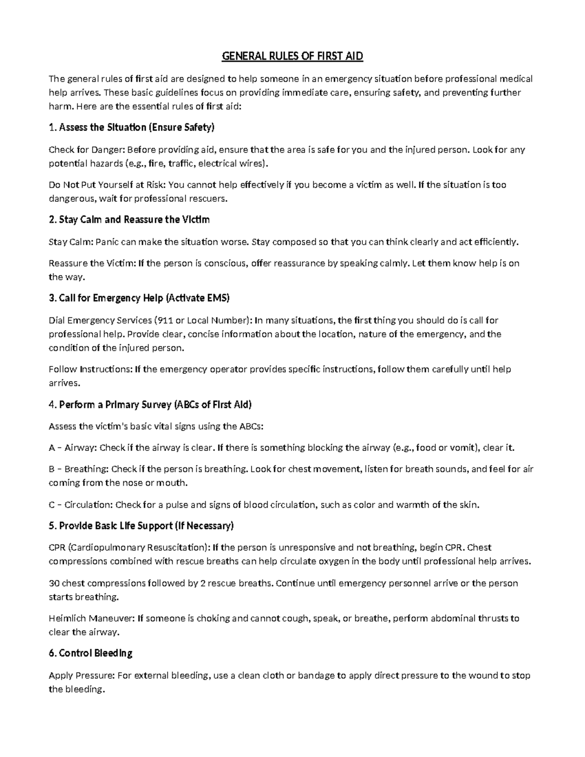 GR1- Pathfit-5 - Pathfit - GENERAL RULES OF FIRST AID The general rules ...