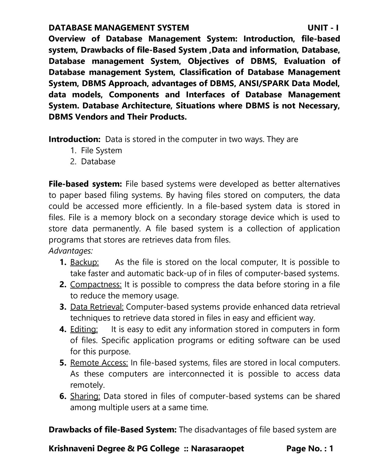 Course-DBMS-Files Syam - Unit 1 - Overview Of Database Management ...