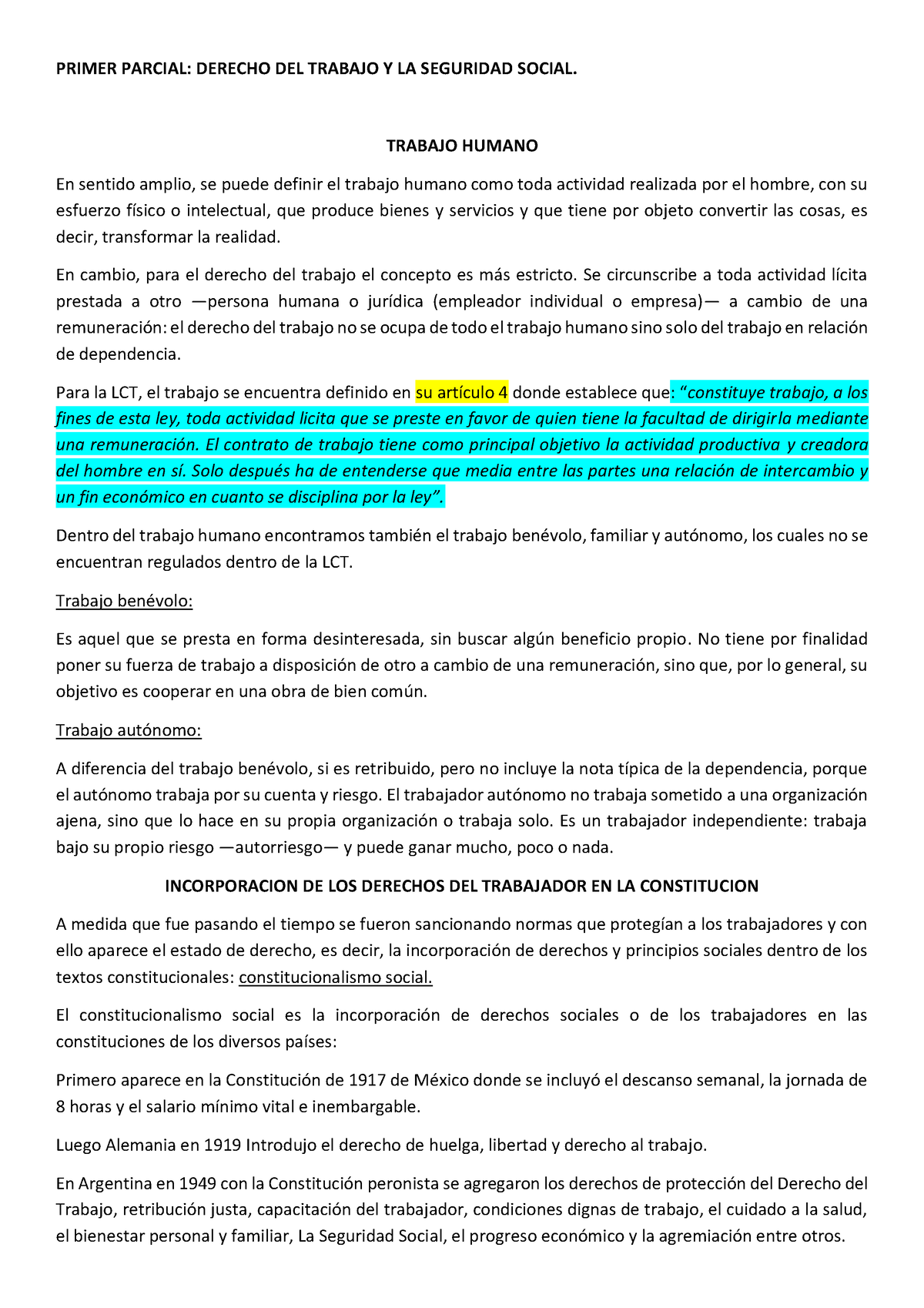 Derecho Laboral - PRIMER PARCIAL: DERECHO DEL TRABAJO Y LA SEGURIDAD ...