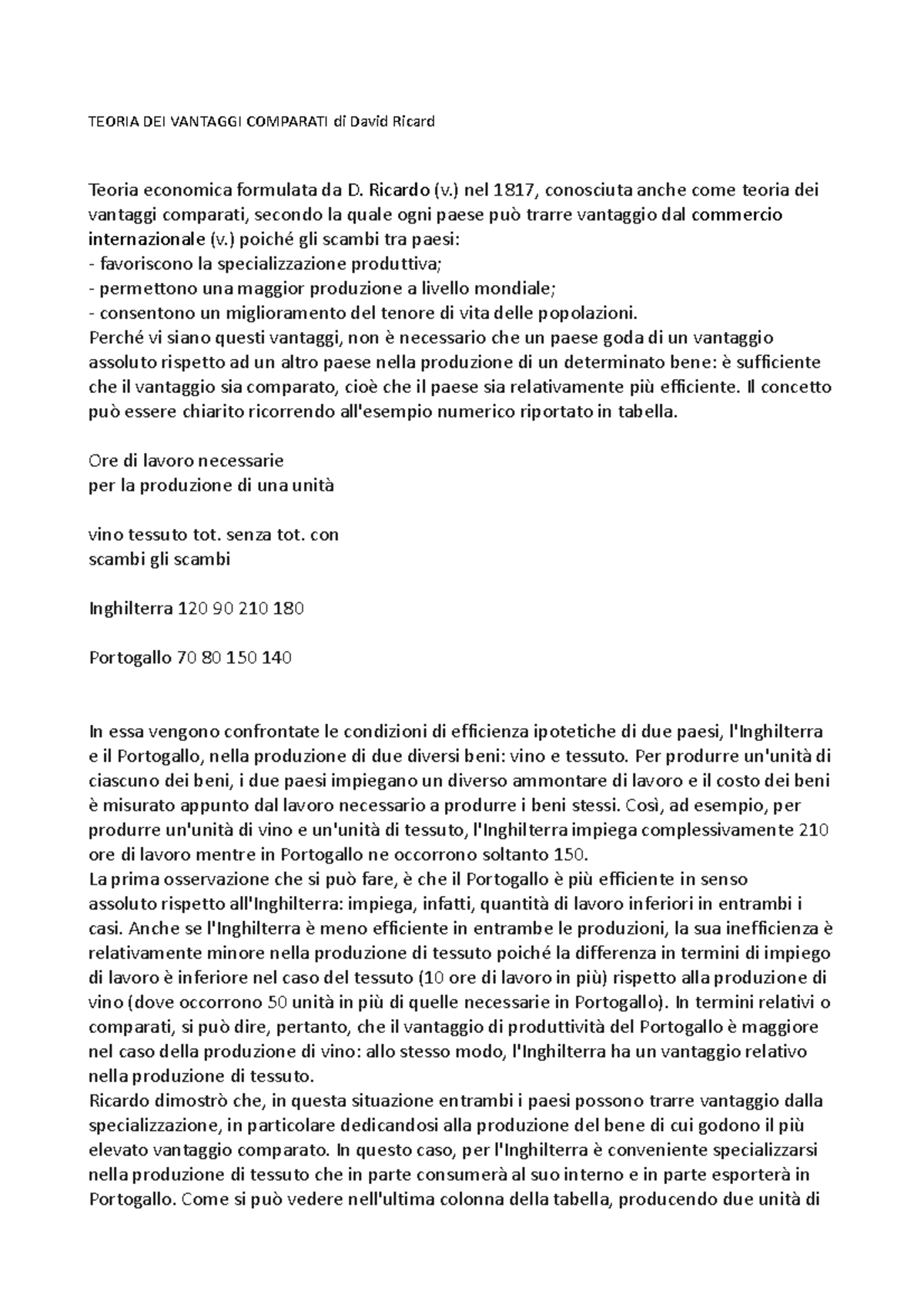 Teoria DEI Vantaggi Comparati di David Ricard - TEORIA DEI VANTAGGI ...