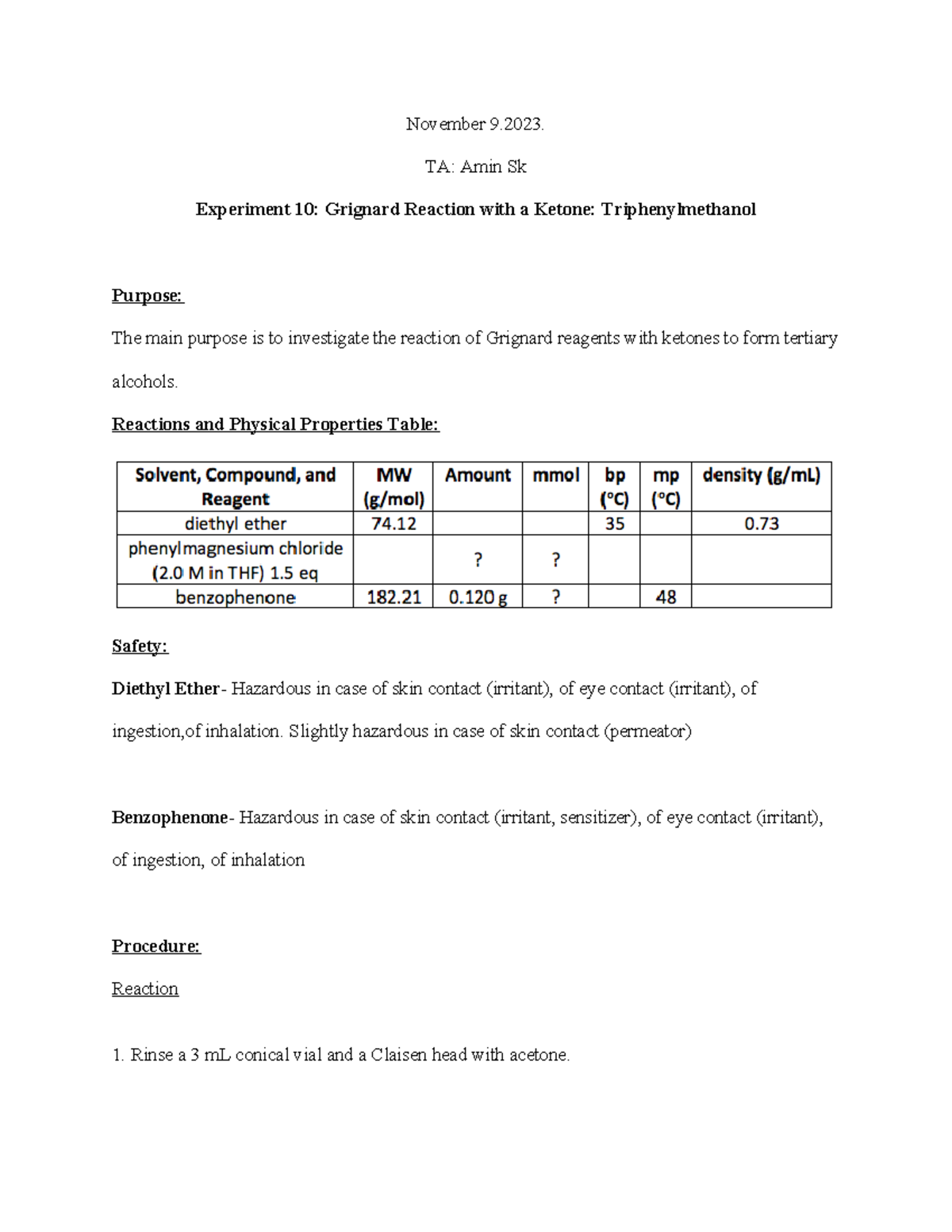 experiment 10 grignard reaction with a ketone triphenylmethanol