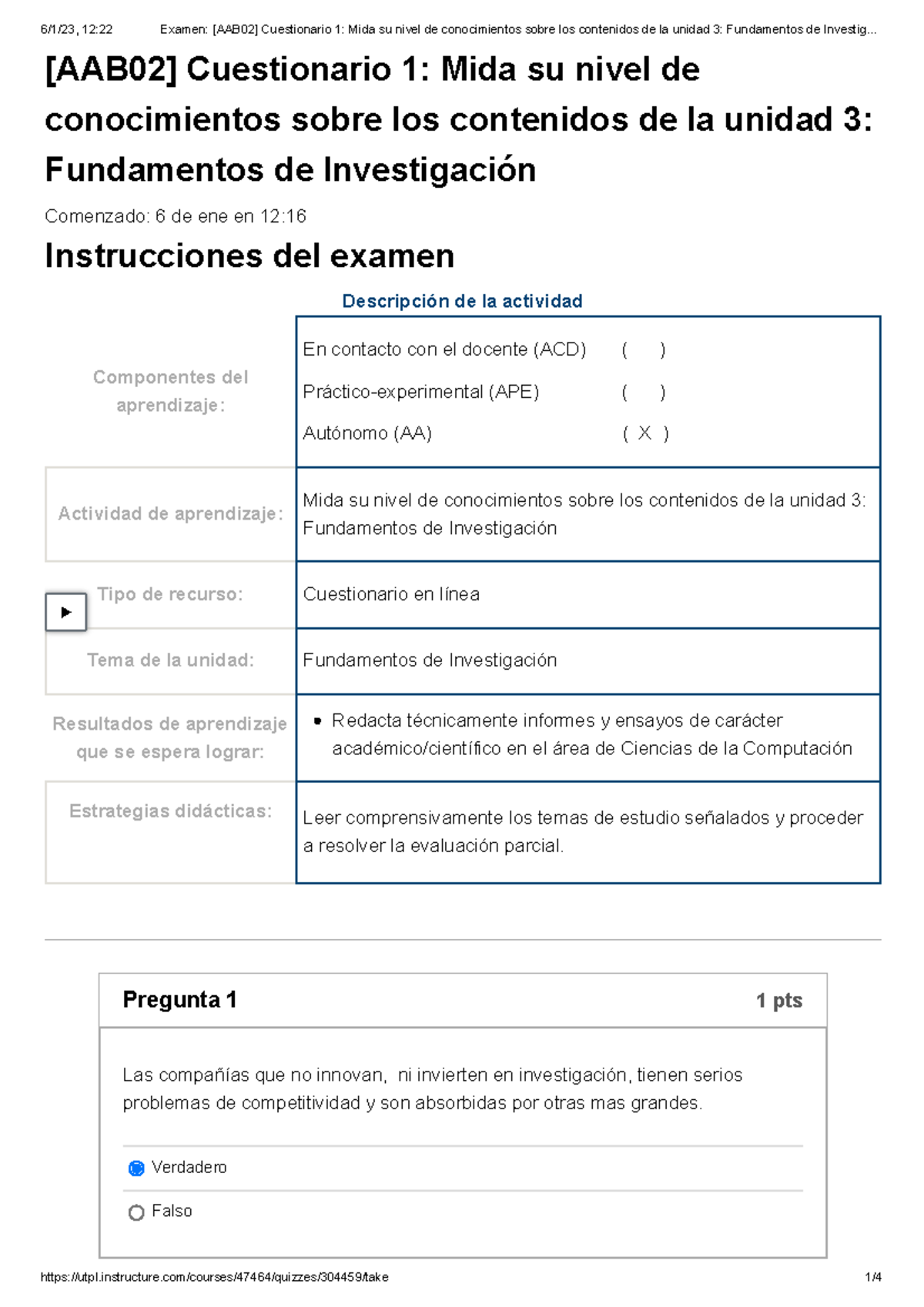 Examen [AAB02] Cuestionario 1 Mida su nivel de conocimientos sobre los ...