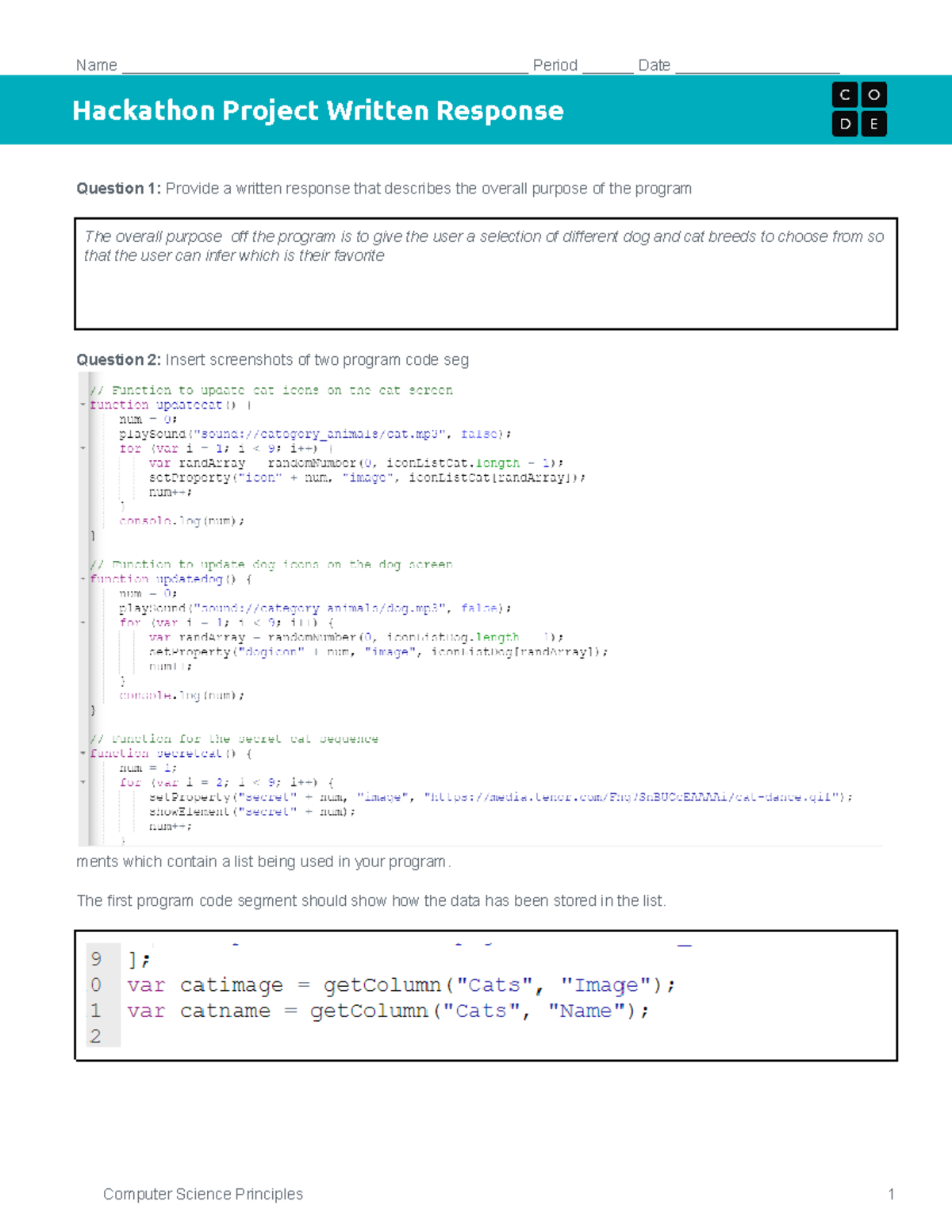 Copy Of CSP Unit 6 Hackathon Project Written Response - Name - Studocu