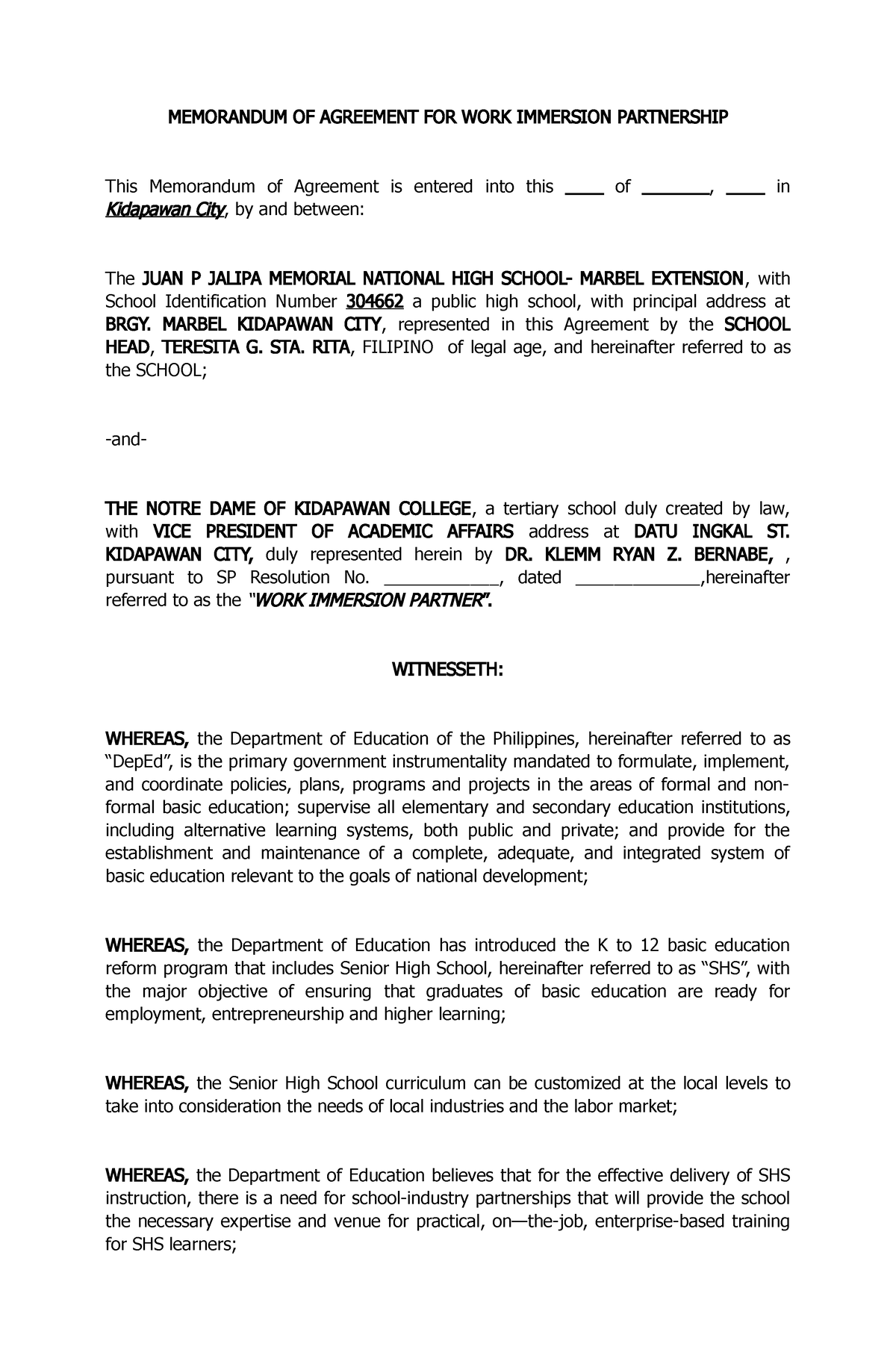 MOA- Saniel-CRUZ - MOA - MEMORANDUM OF AGREEMENT FOR WORK IMMERSION ...