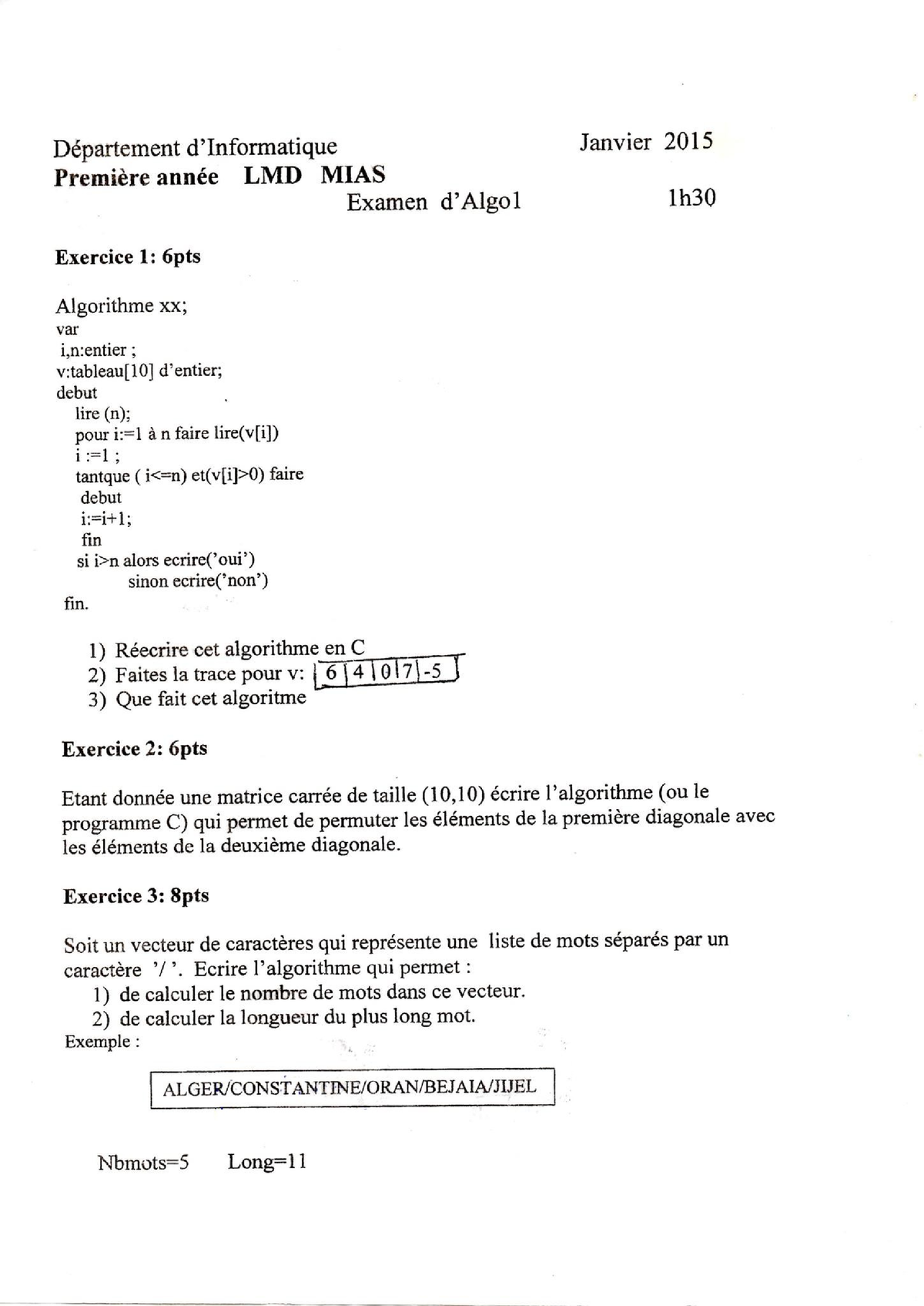 Examen Algorithmique 1 L1 Mi - Analyse Des Données - Studocu