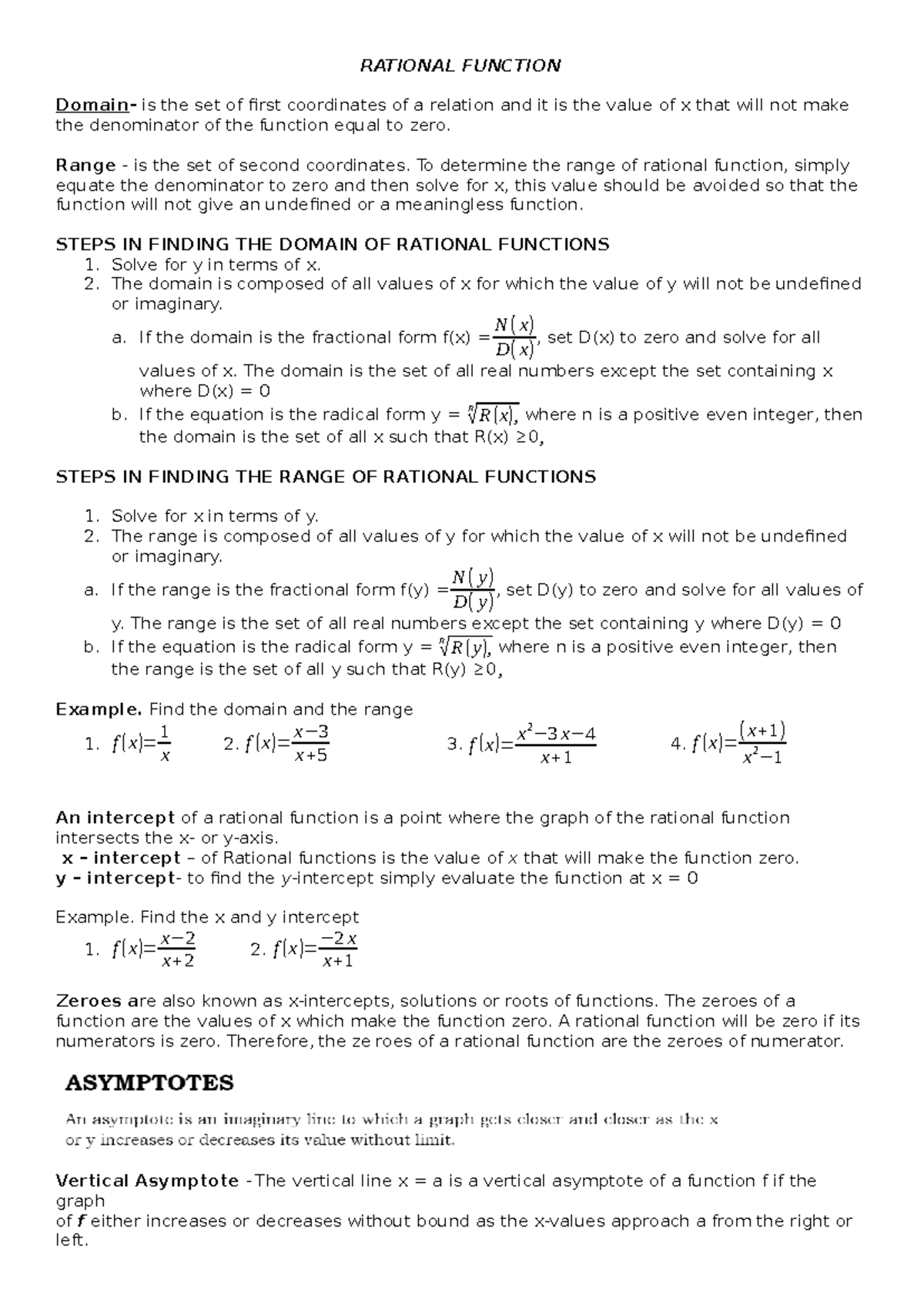 Rational- Function 3 - Handout for gen math - RATIONAL FUNCTION Domain ...
