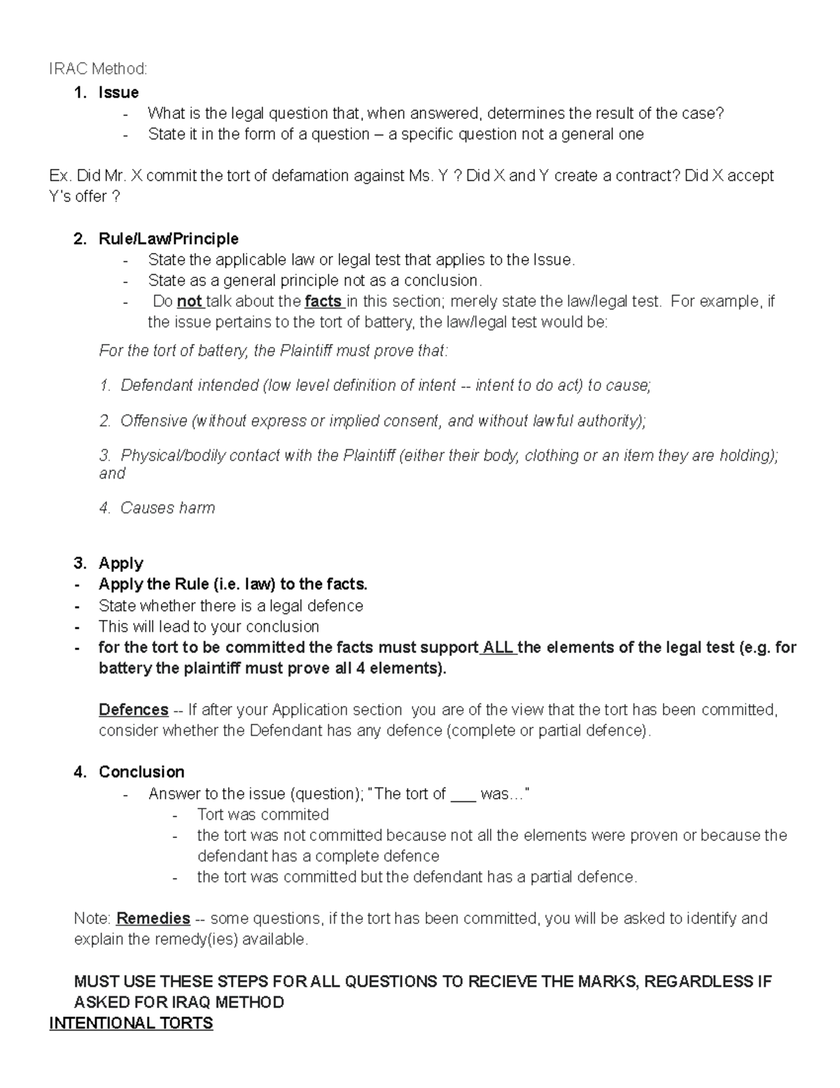 Law 122 IRAQ Notes (P) - used for tort midterm - 85% grade - IRAC ...