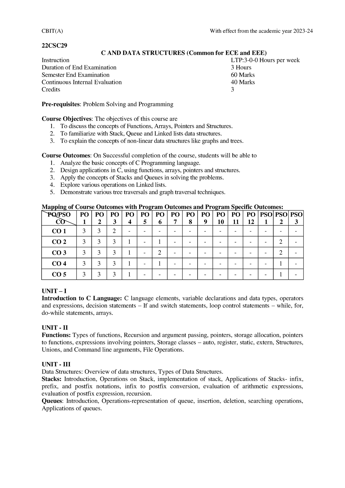 Syllabus Of C And Data Structures For ECE And EEE - CBIT(A) With Effect ...