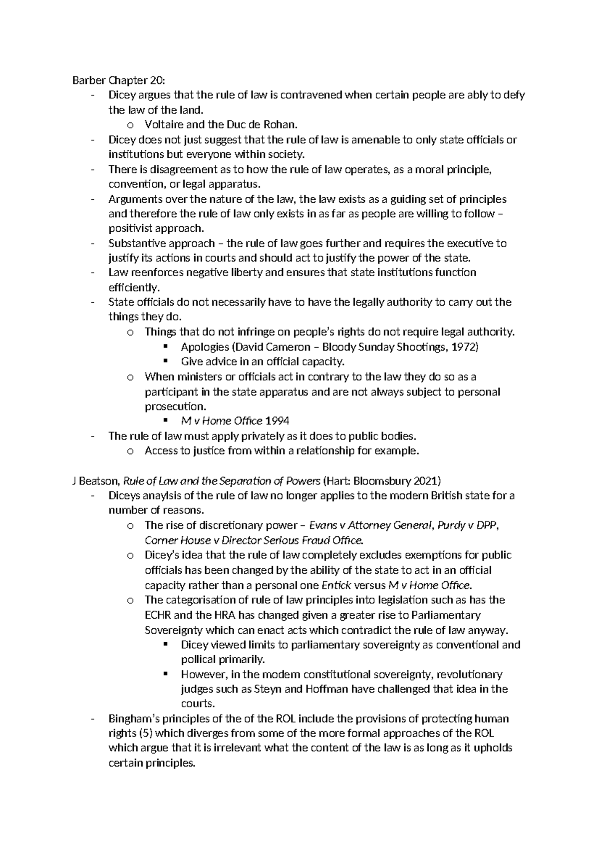 Week 5 - the rule of law - Rule of law notes - Barber Chapter 20 ...