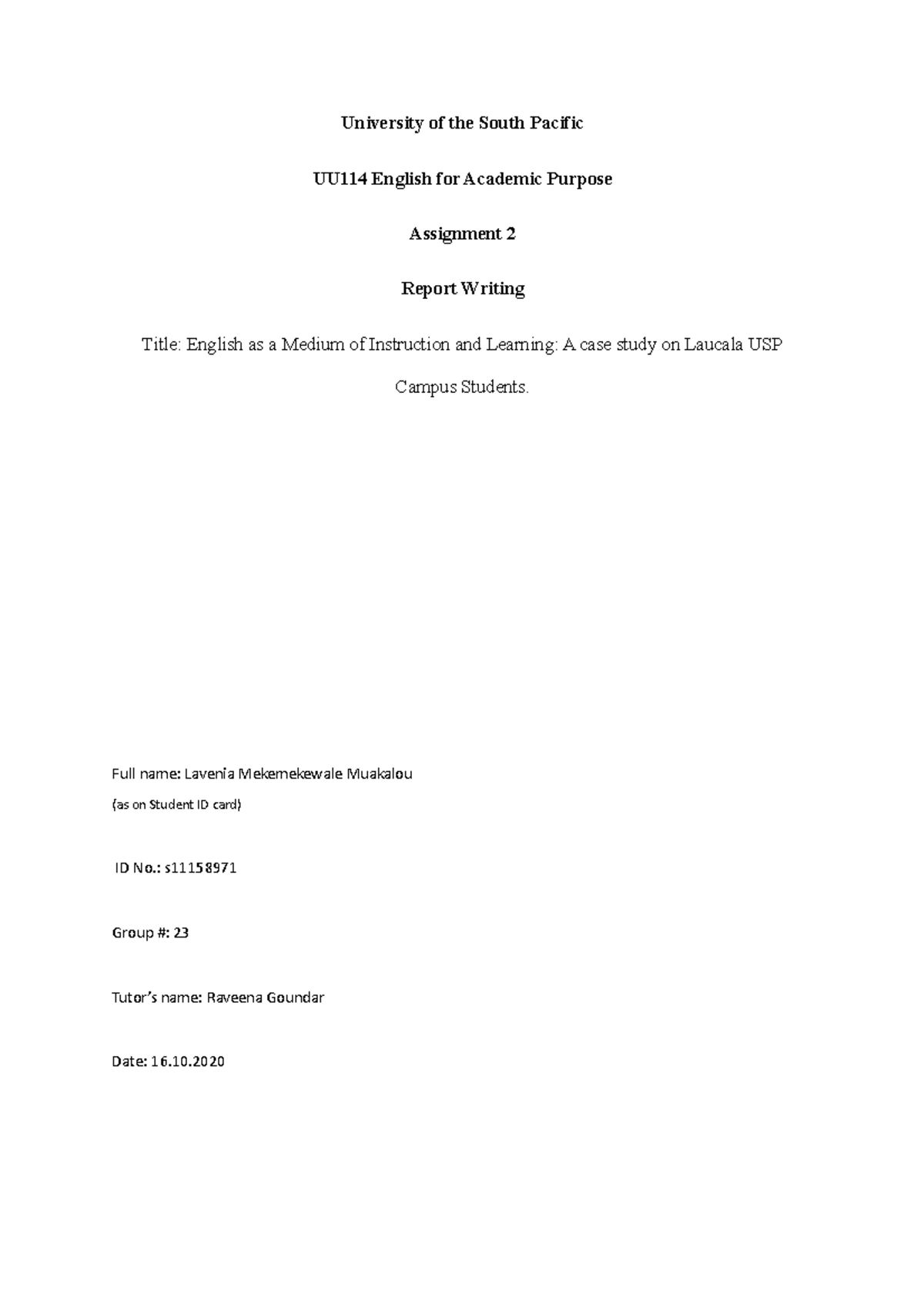 Assignment 2 uu114 2021 - University of the South Pacific UU114 English ...