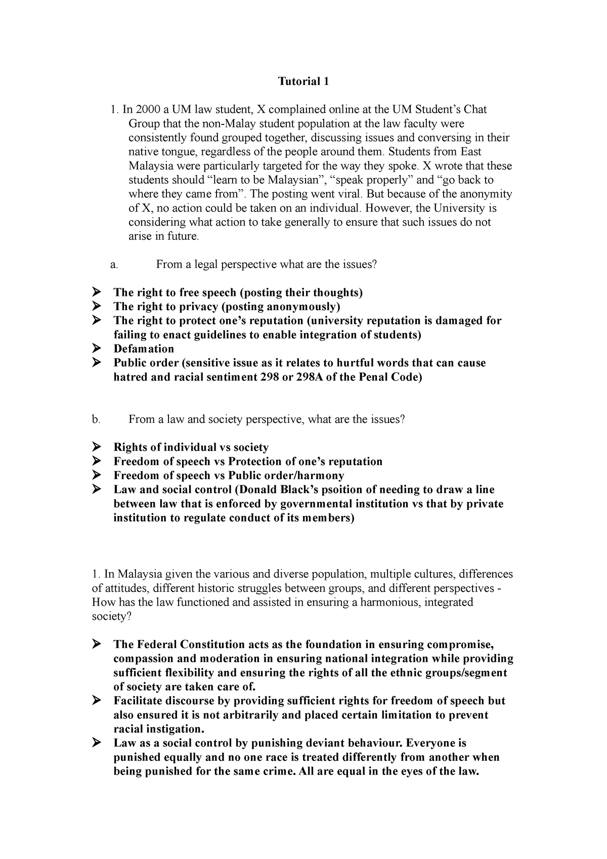 Law And Society Tutorial - Tutorial 1 In 2000 A UM Law Student, X ...