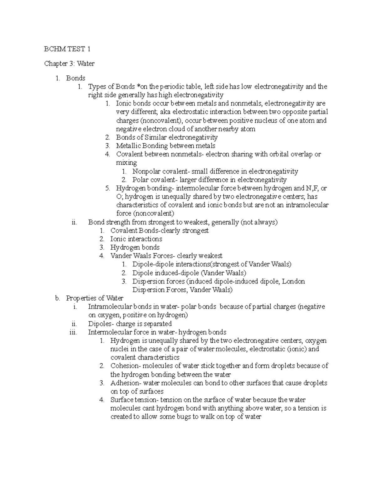 BCHM TEST 1 - Test 1 Study Guide - BCHM TEST 1 Chapter 3: Water Bonds ...