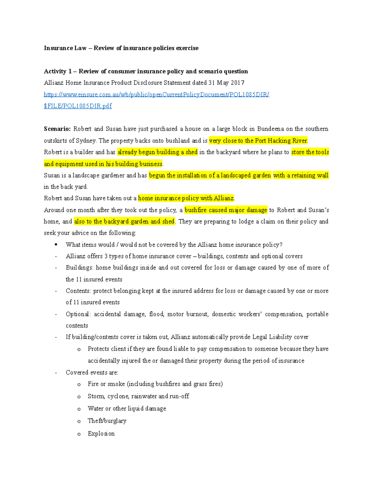 Insurance Law First class activities Insurance Law Review of