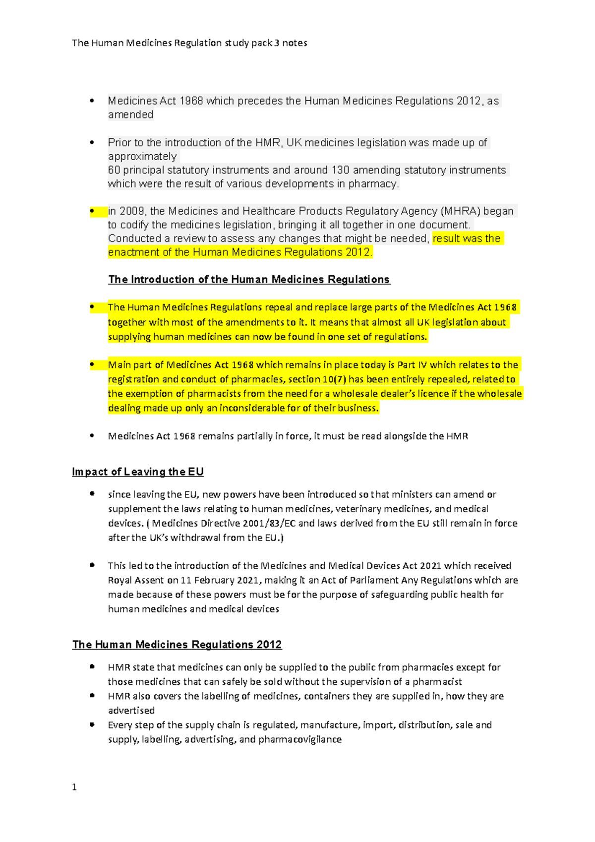 The Human Medicines Regulation study pack 3 notes Medicines Act 1968