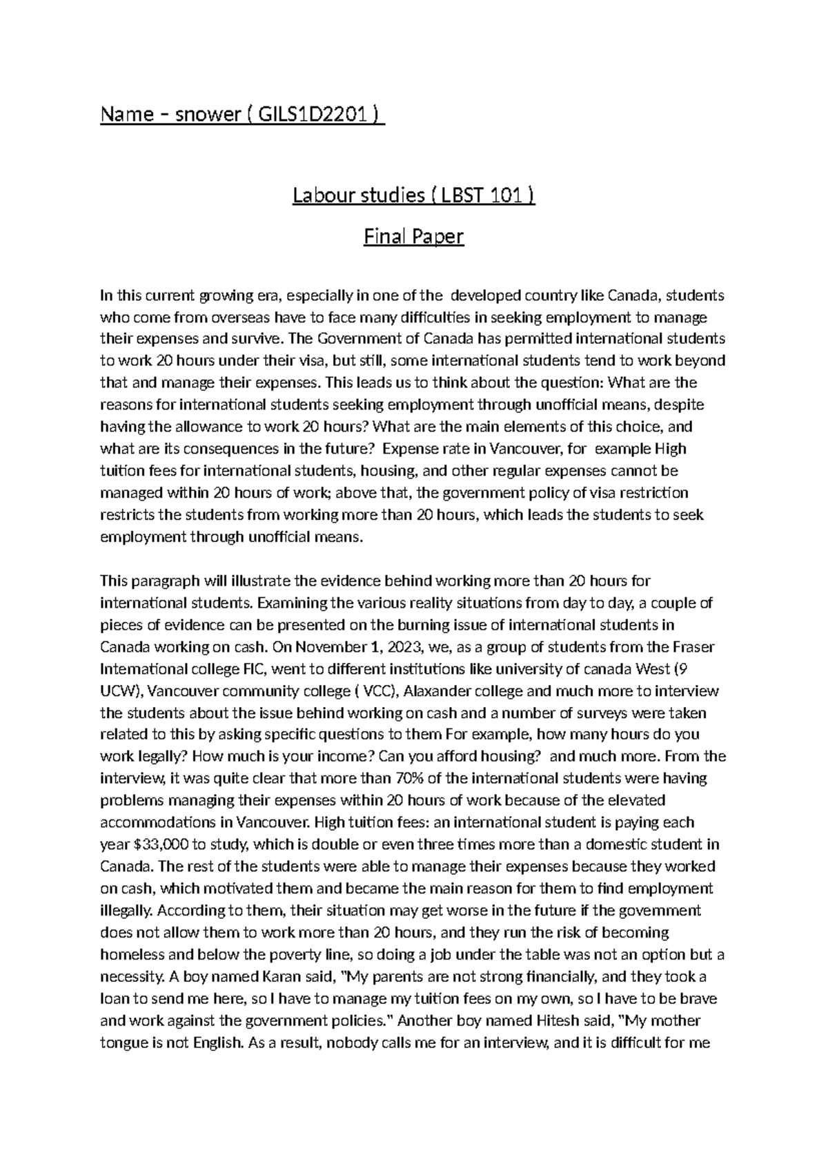 Labour studies finallllllll exam - Name – snower ( GILS1D2201 ) Labour ...