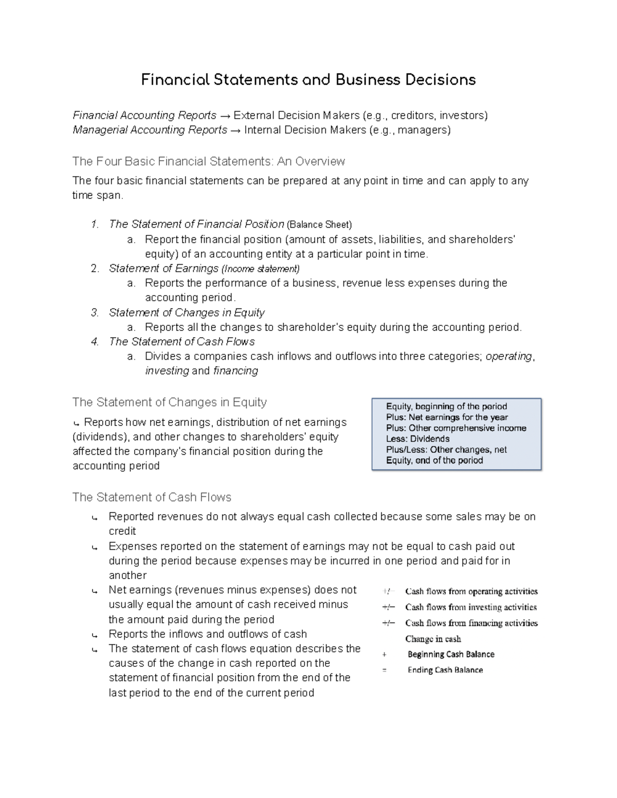 BU 127 Chapter 1 Notes - Financial Statements And Business Decisions ...