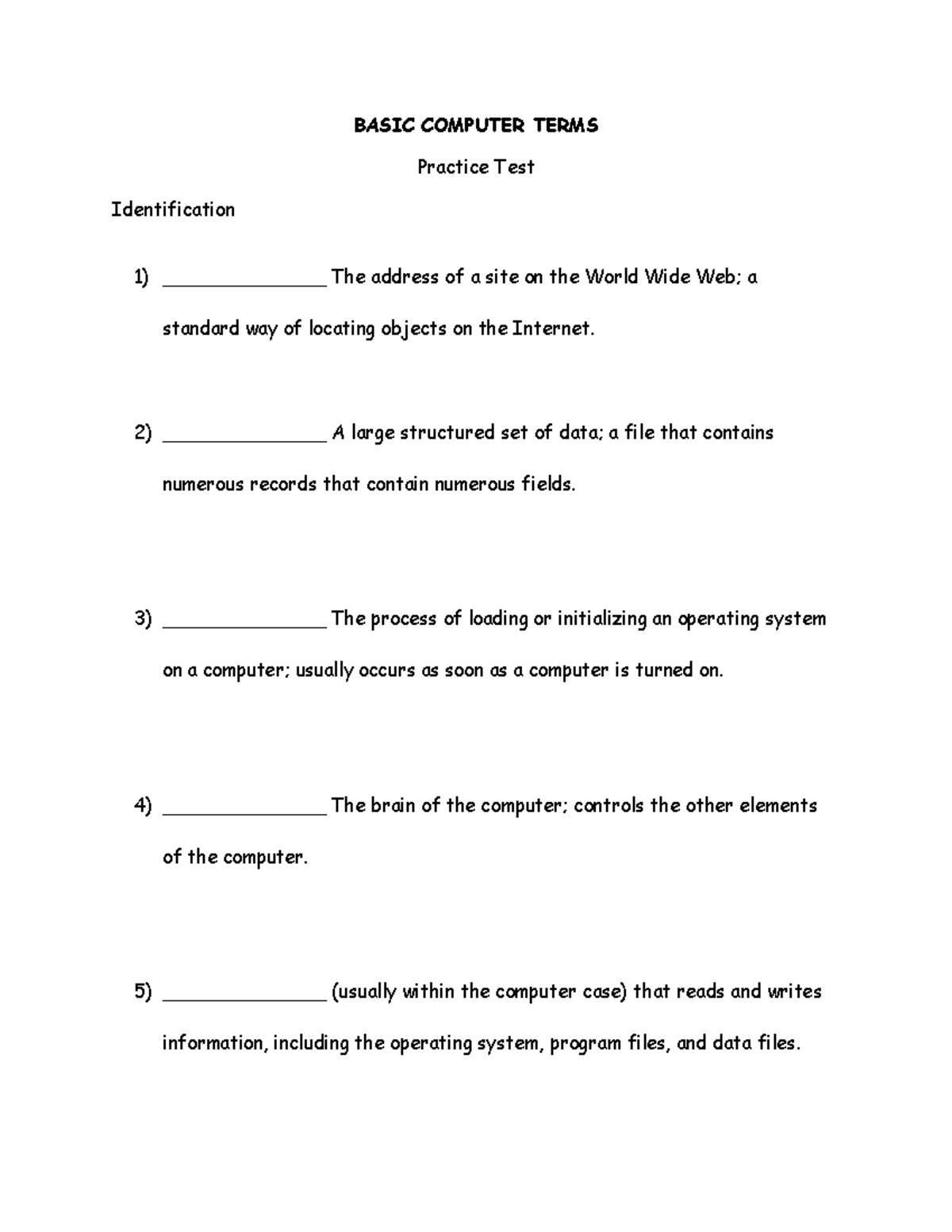 Basic Computer Terms - BASIC COMPUTER TERMS Practice Test ...