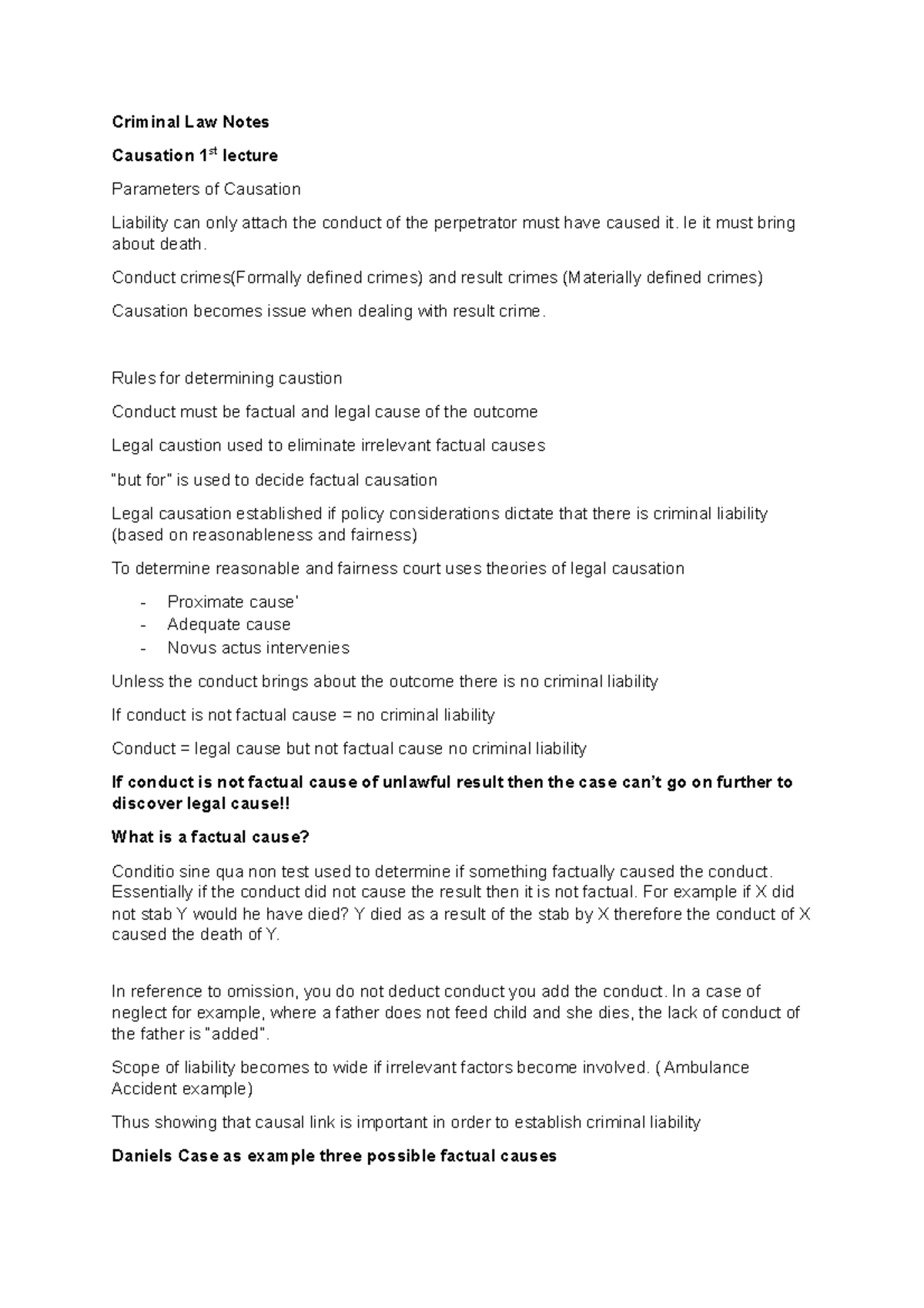 Criminal Law Notes - Causation - Criminal Law Notes Causation 1st ...