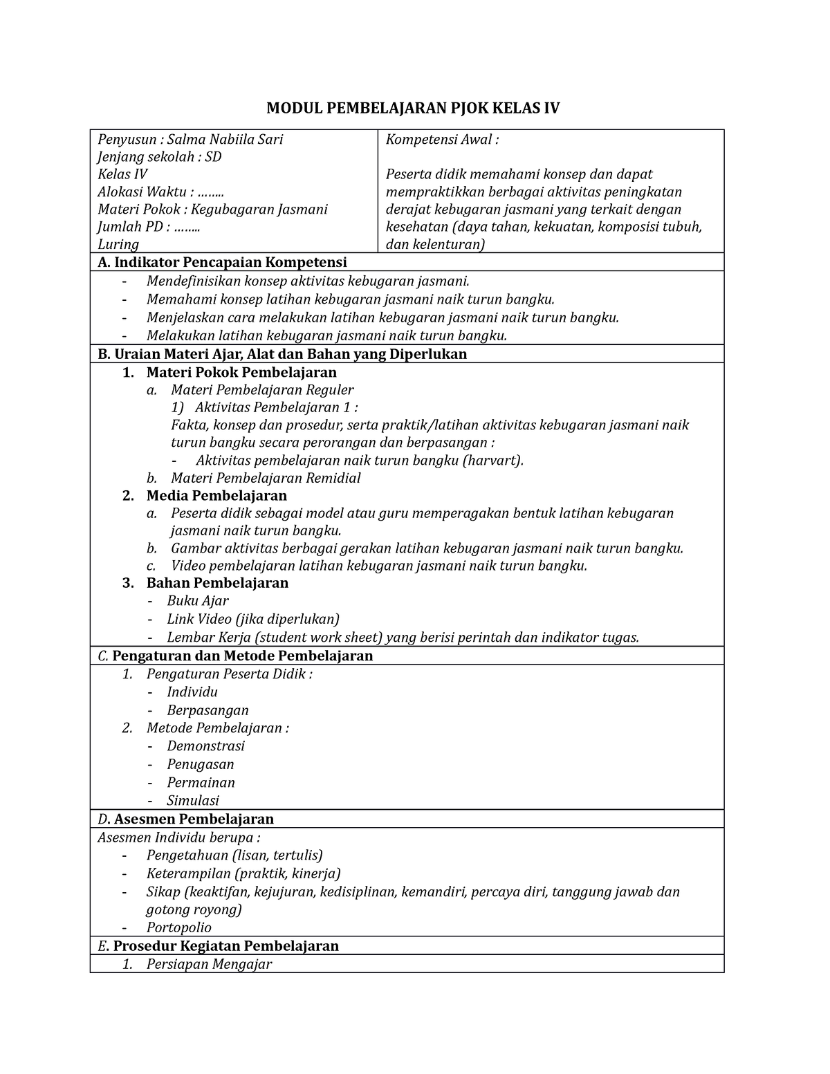 Modul Ajar PJOK Kelas IV - MODUL PEMBELAJARAN PJOK KELAS IV Penyusun ...