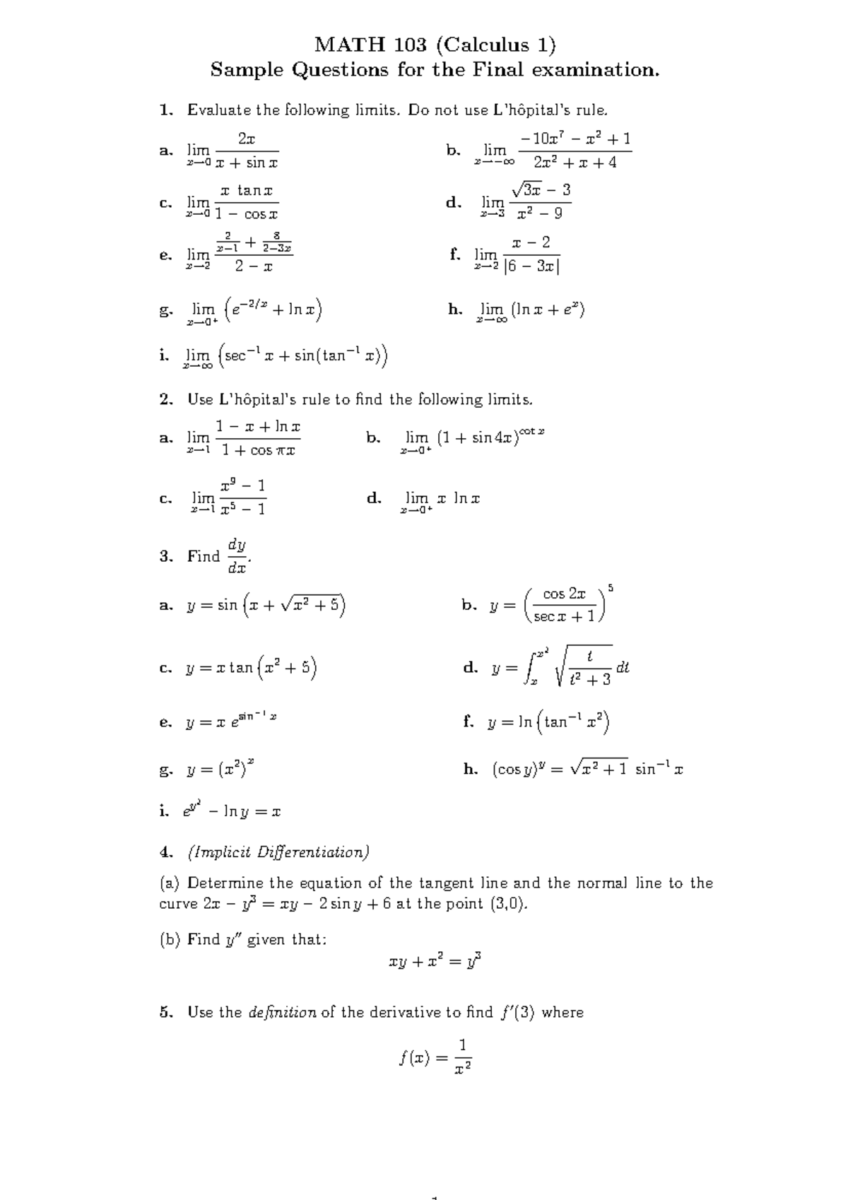 Calculus I Final Review Math 103 Calculus 1 Sample Questions For