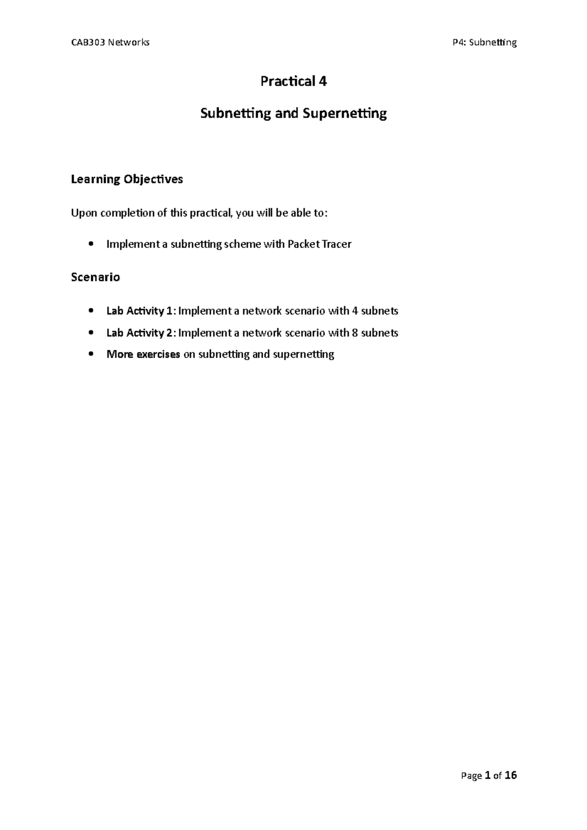 CAB303 Prac4 Subnetting and Supernetting Solutions v1 - Practical 4 ...