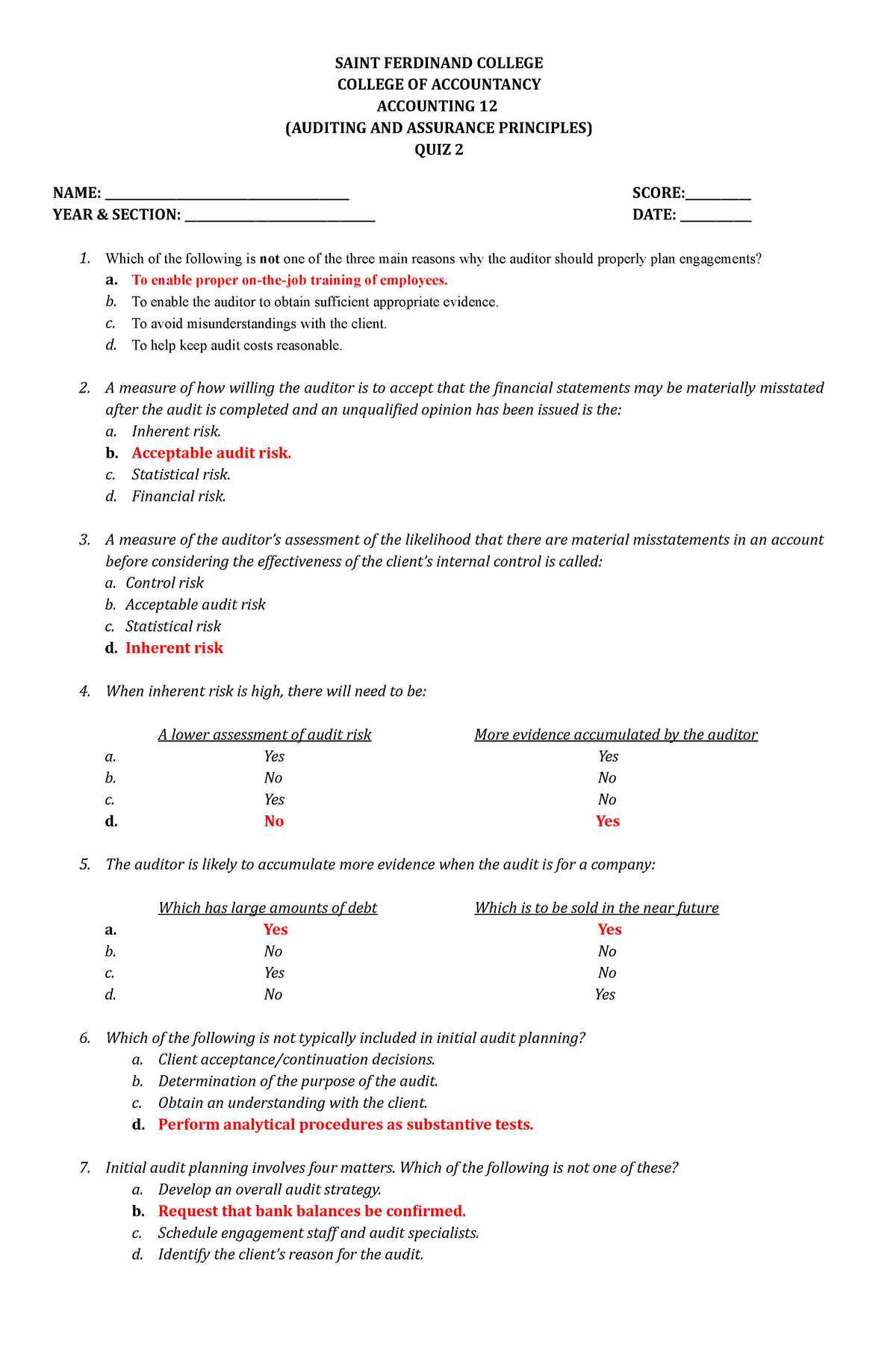 A12 Q2 - Auditing - SAINT FERDINAND COLLEGE COLLEGE OF ACCOUNTANCY ...