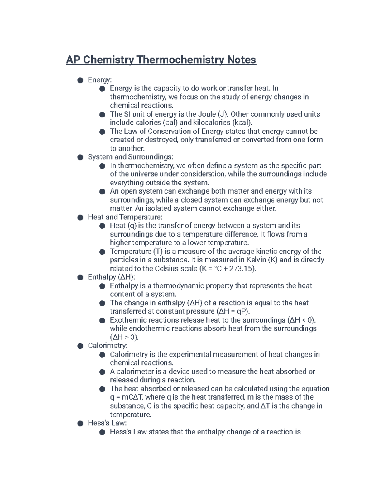 AP Chemistry Thermochemistry Notes - In Thermochemistry, We Focus On ...