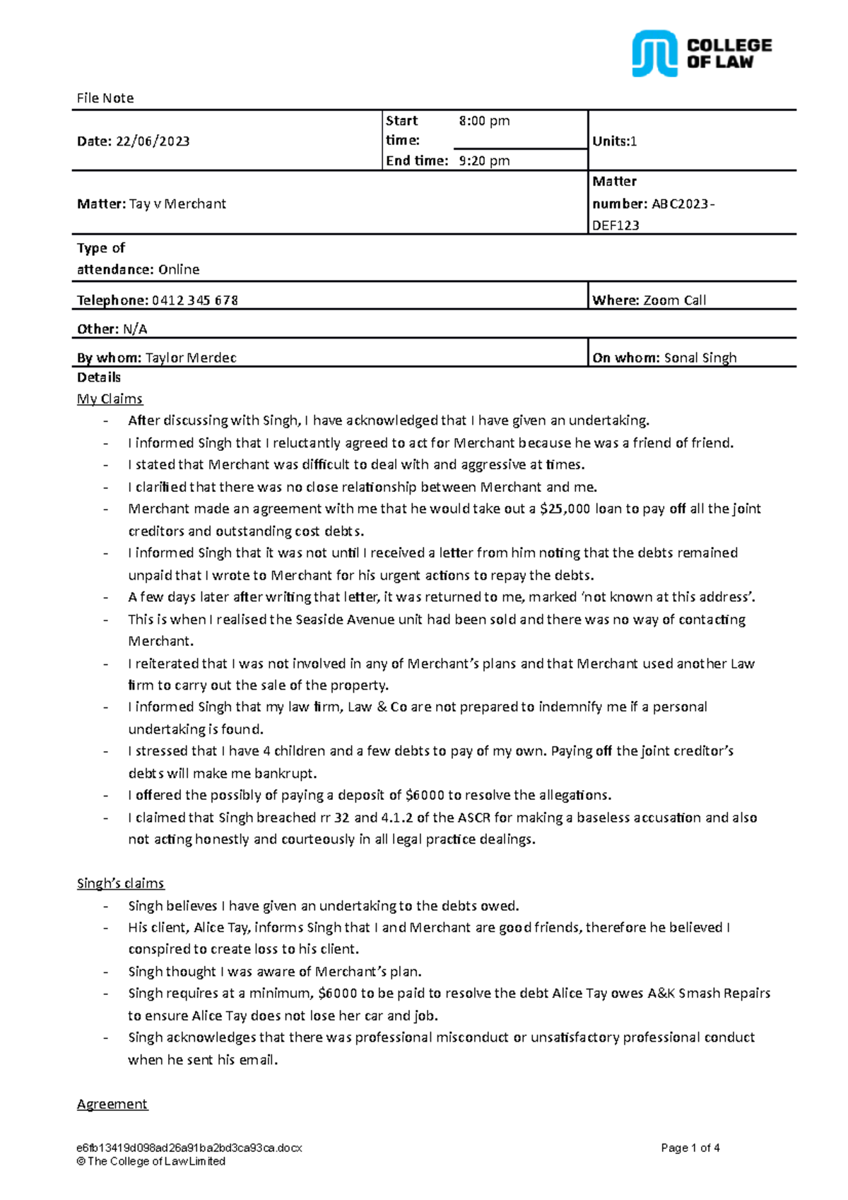 Submission 1 2 file note and common facts questions file note date 