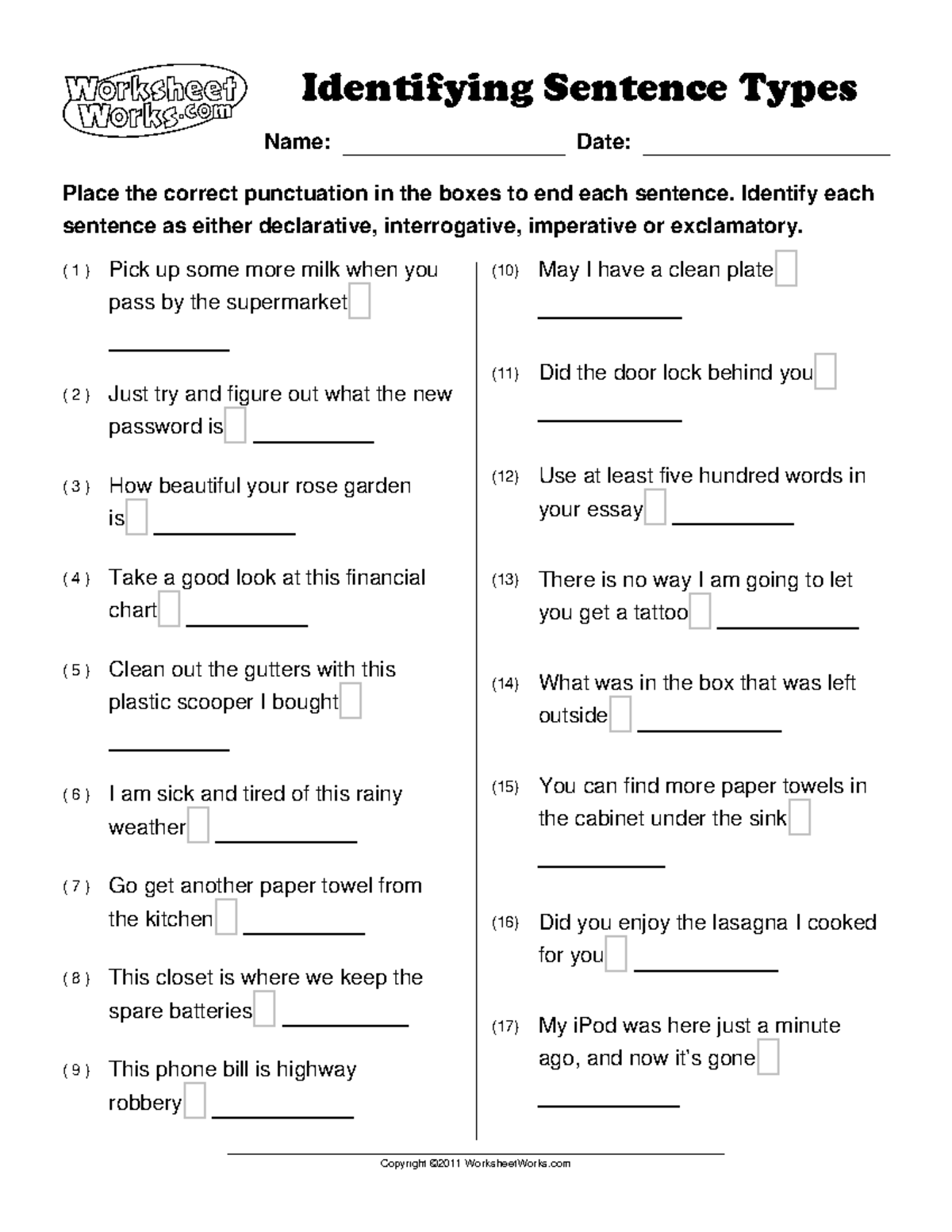 Worksheet Works Identifying Sentence Types 1 - A Identifying Sentence ...