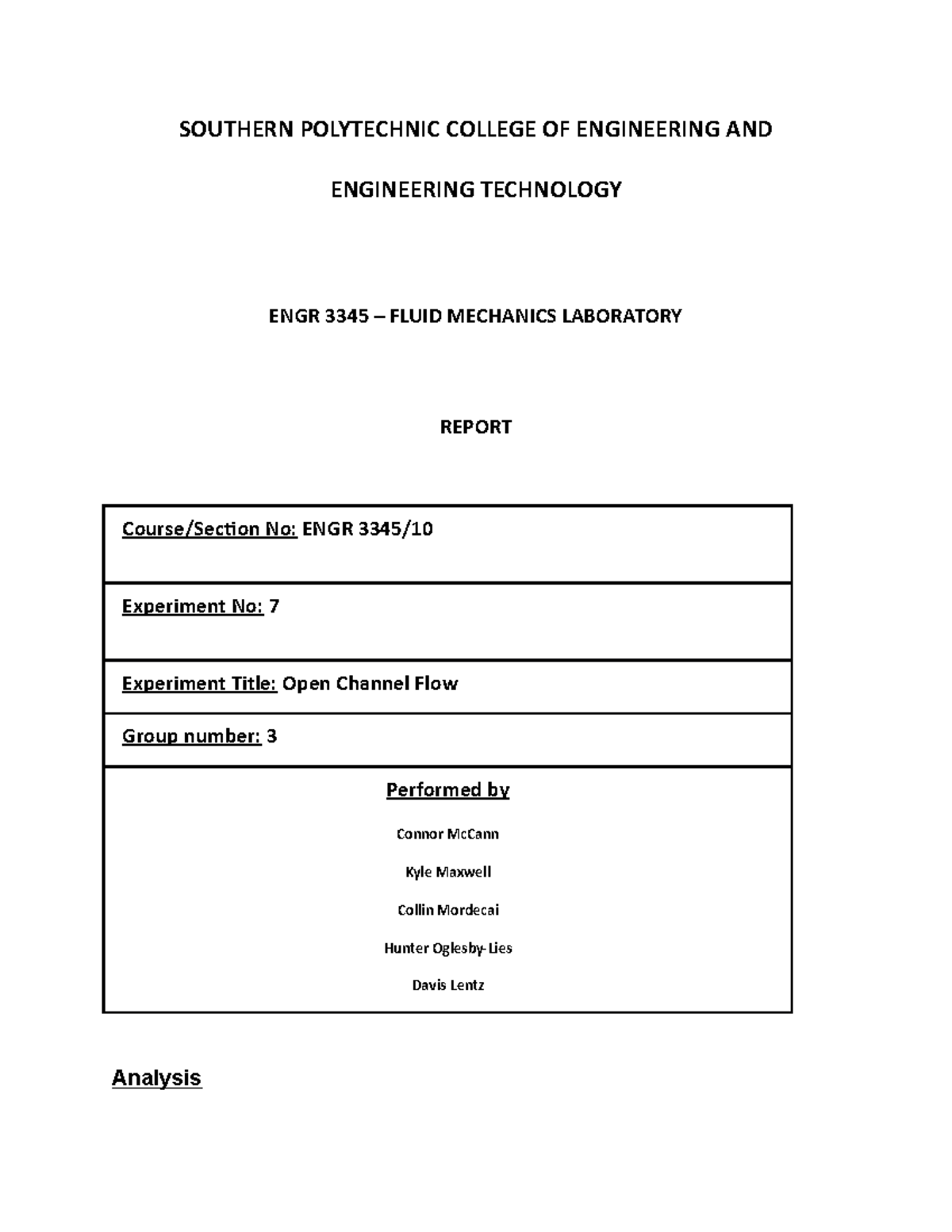 Lab 7 Open Channel Flow - SOUTHERN POLYTECHNIC COLLEGE OF ENGINEERING ...