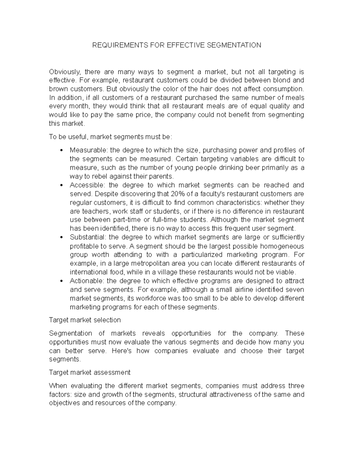 REQUIREMENTS FOR EFFECTIVE SEGMENTATION REQUIREMENTS FOR EFFECTIVE