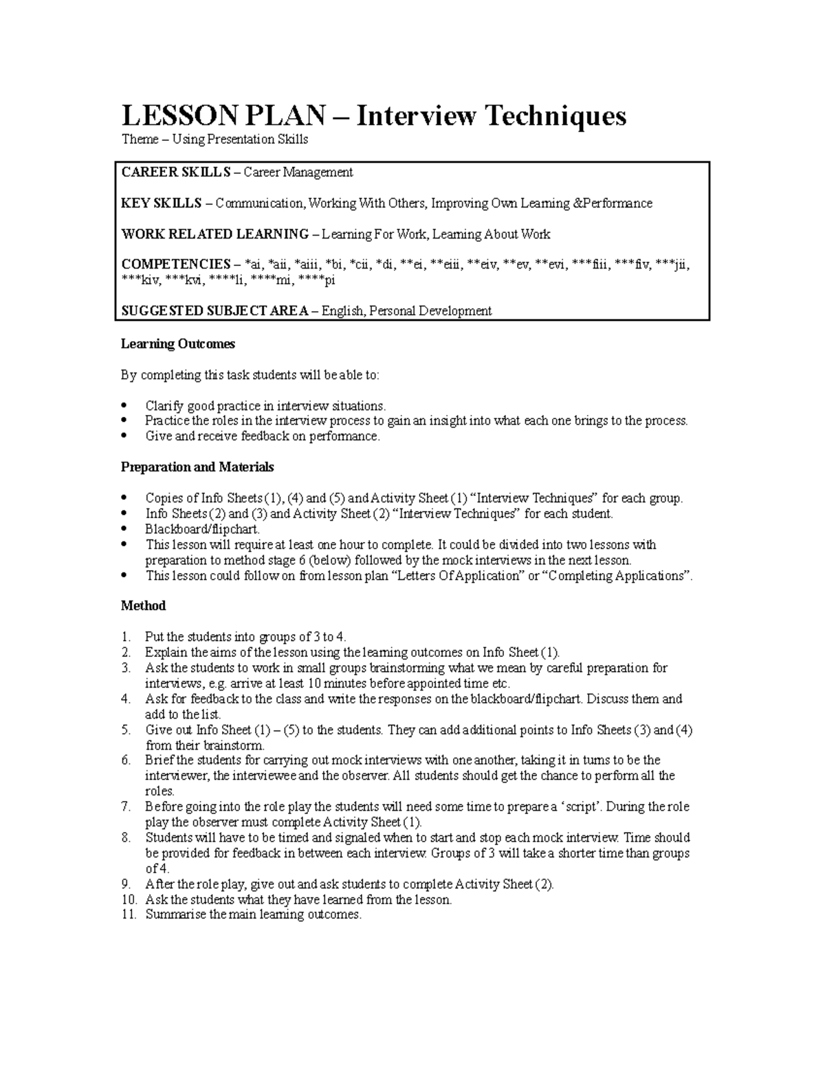 Lesson Plan 13 Interview Techniques LESSON PLAN Interview