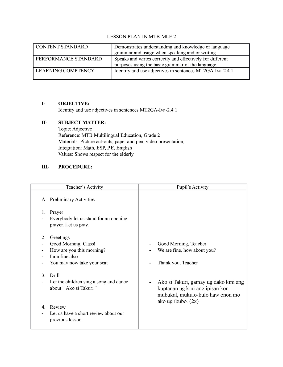 Lesson PLAN IN MTB - LESSON PLAN IN MTB-MLE 2 CONTENT STANDARD ...