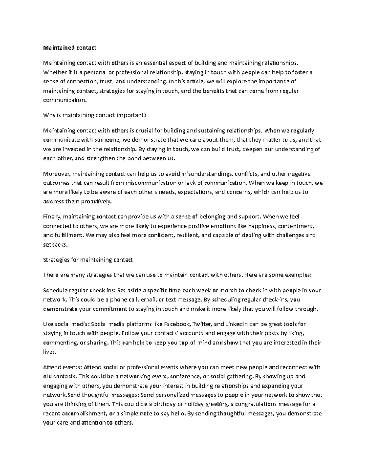 Maintained contact Maintained contact Maintaining contact with others