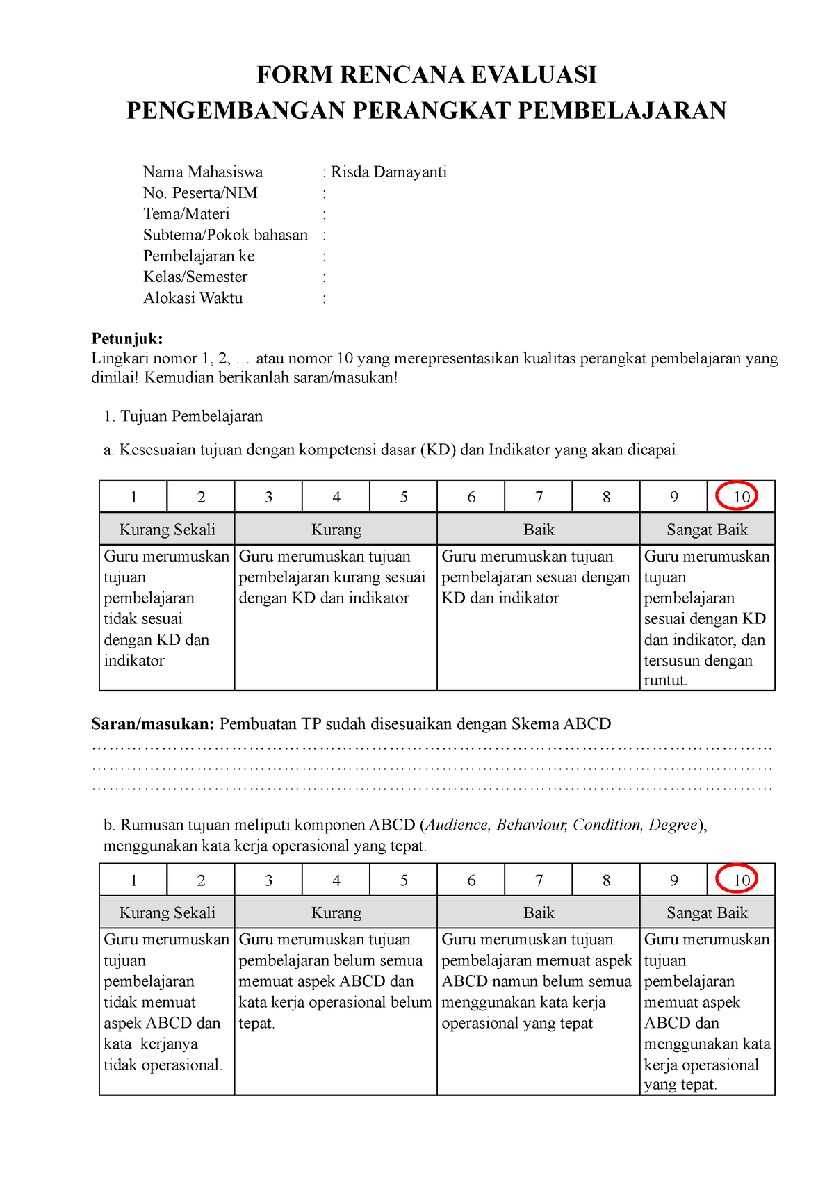 Instrumen Penilaian Rpp Atau Modul Ajar Risda Damayanti Form Rencana Evaluasi Pengembangan