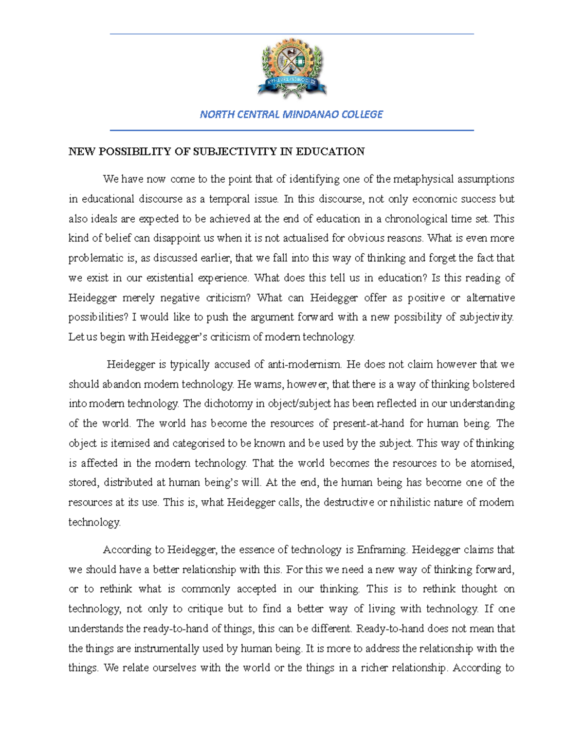 NEW Possibility OF Subjectivity IN Education - NORTH CENTRAL MINDANAO ...
